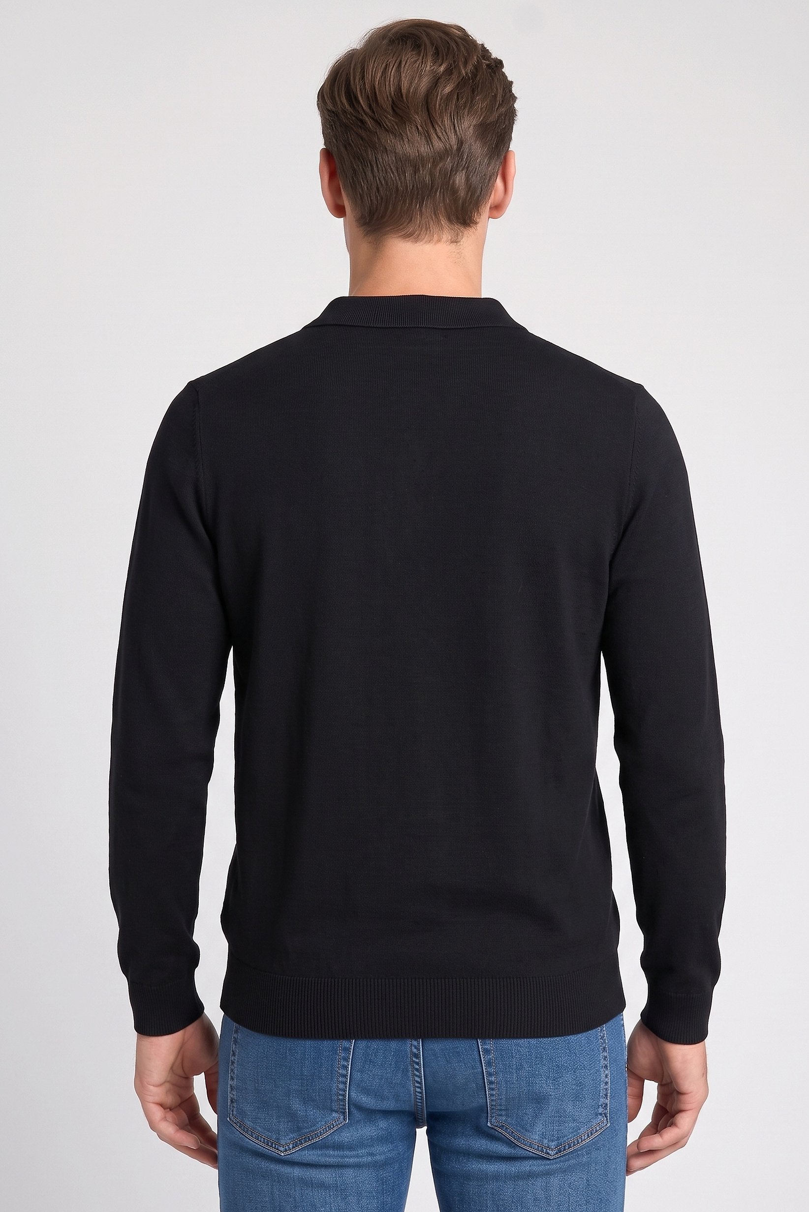 Men Spread Collar Long Sleeve Knitted Polo Shirt, Black