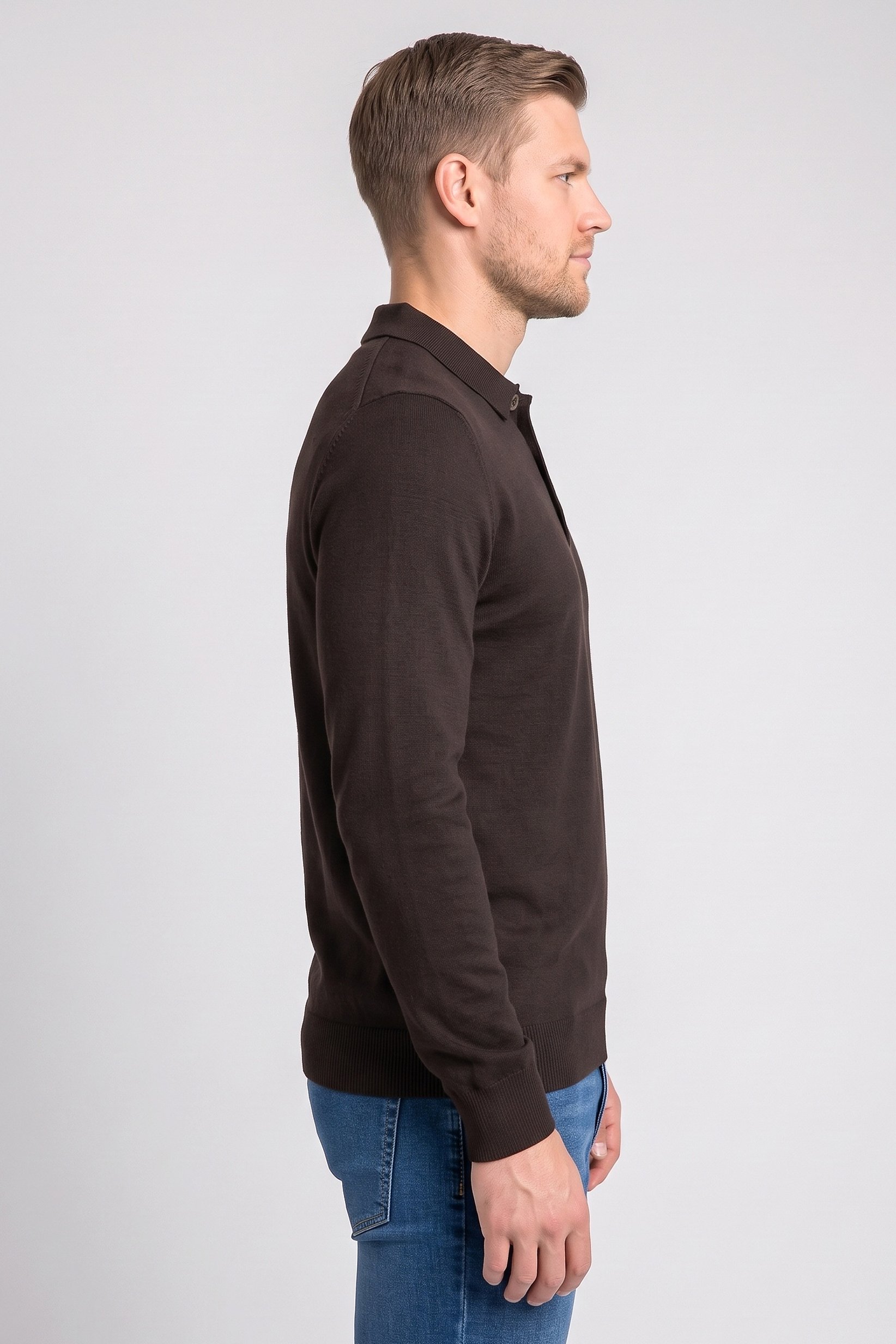 Men Spread Collar Long Sleeve Knitted Polo Shirt, Brown