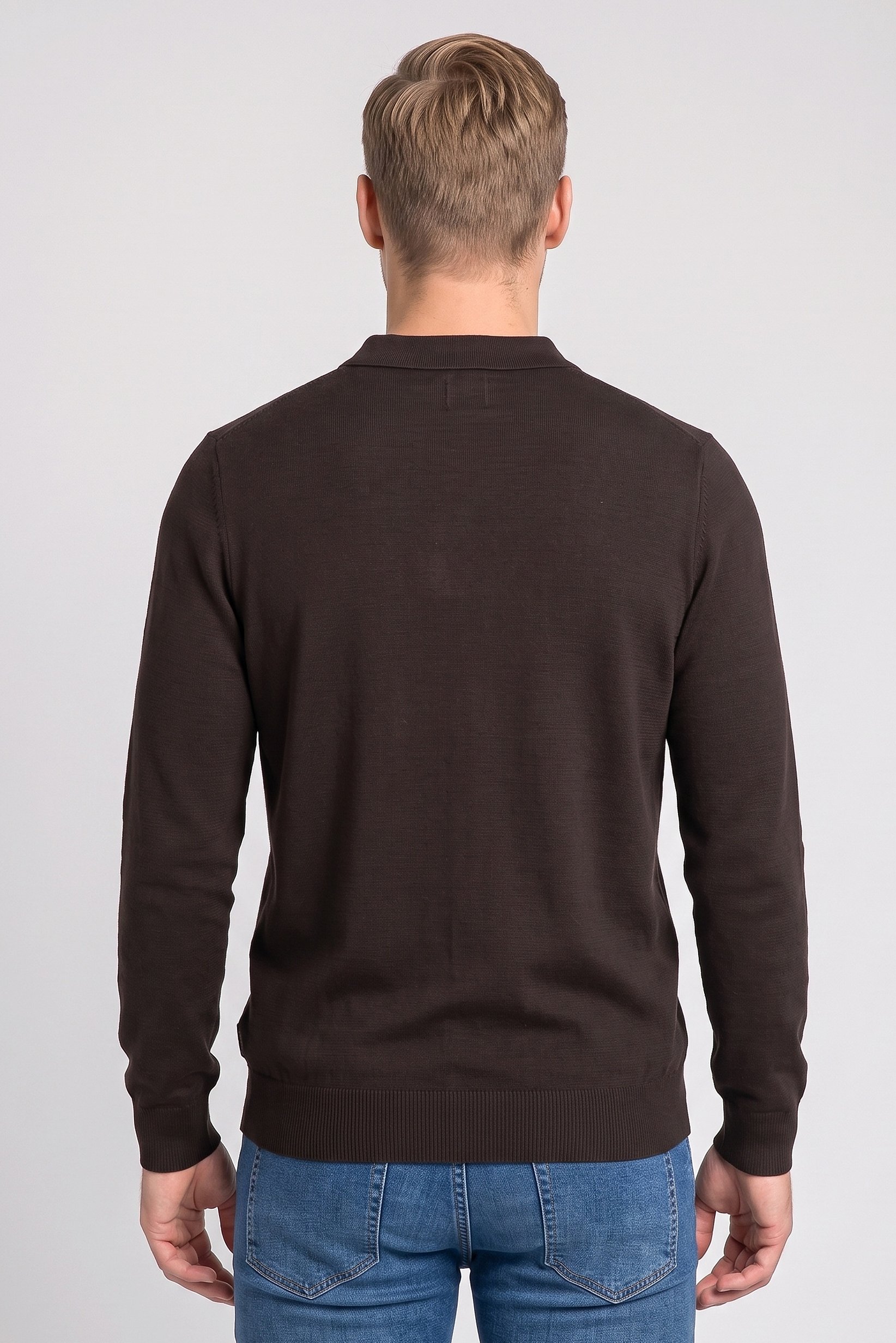 Men Spread Collar Long Sleeve Knitted Polo Shirt, Brown