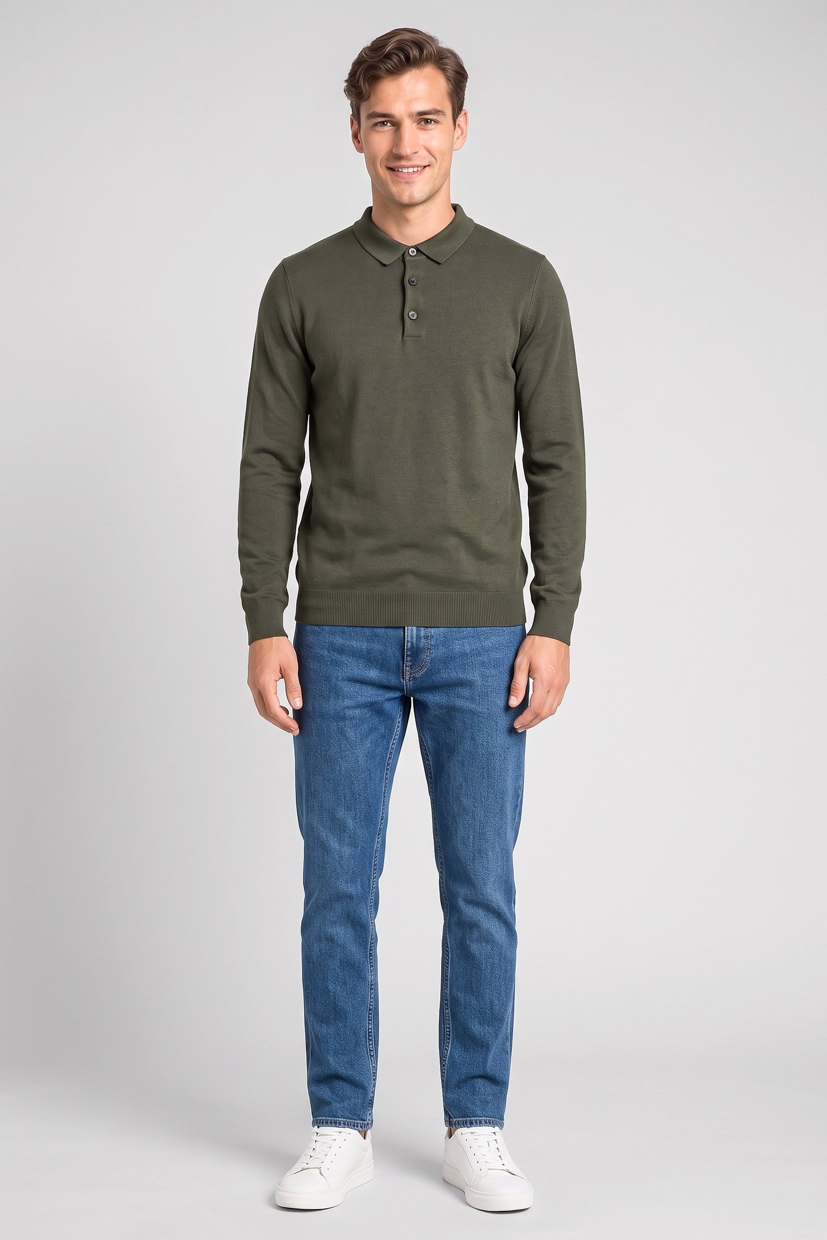 Men Spread Collar Long Sleeve Knitted Polo Shirt, Olive