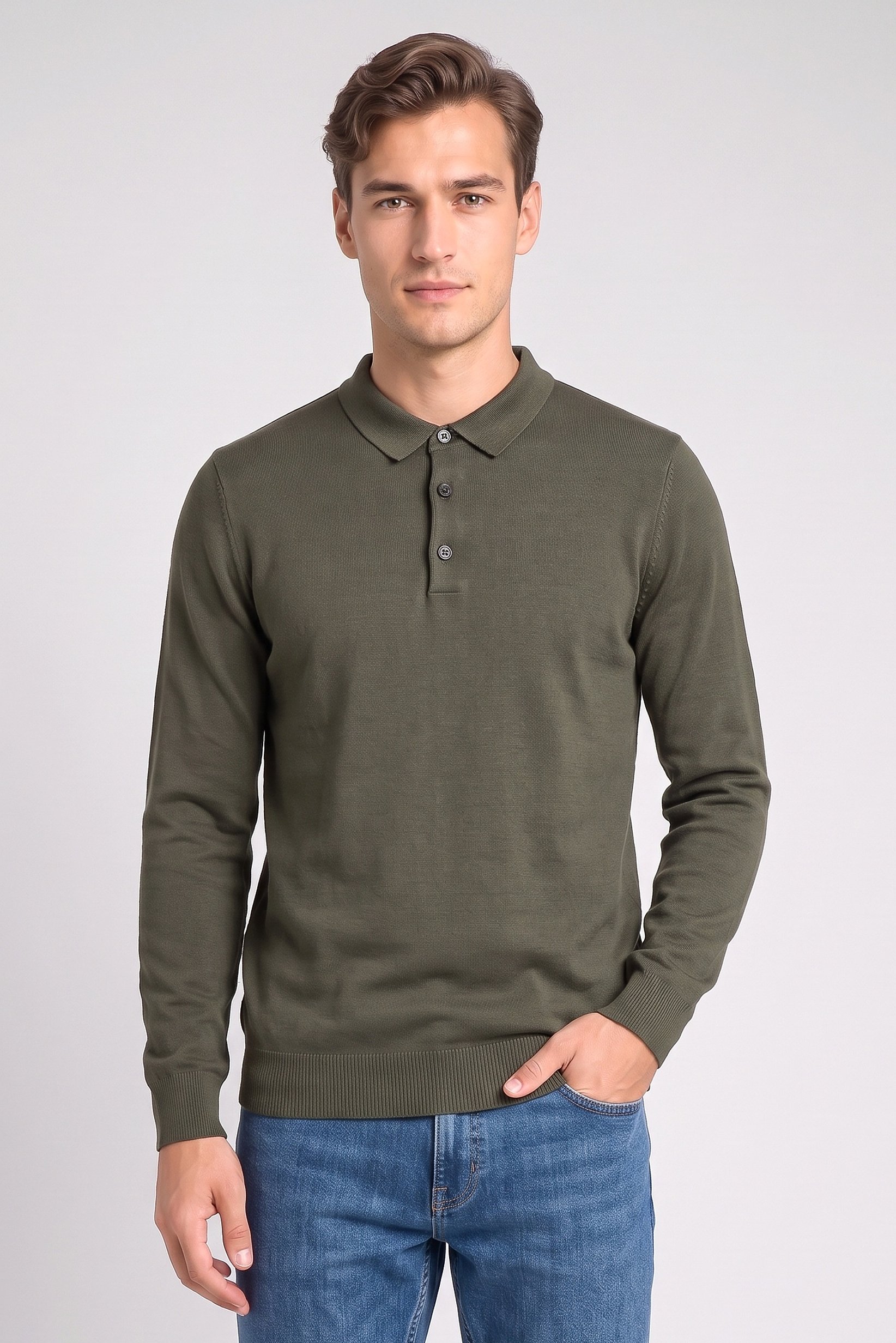 Men Spread Collar Long Sleeve Knitted Polo Shirt, Olive