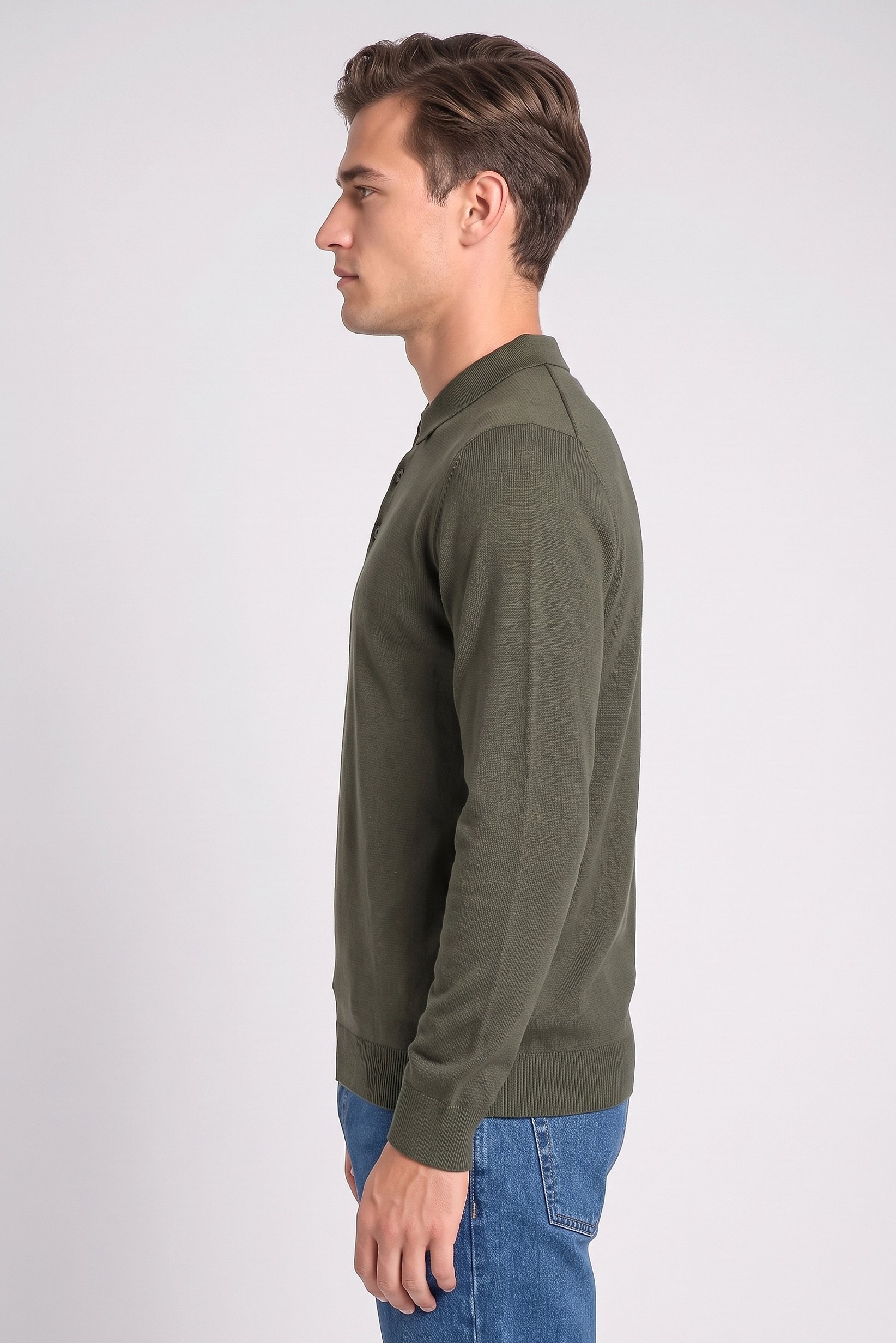 Men Spread Collar Long Sleeve Knitted Polo Shirt, Olive