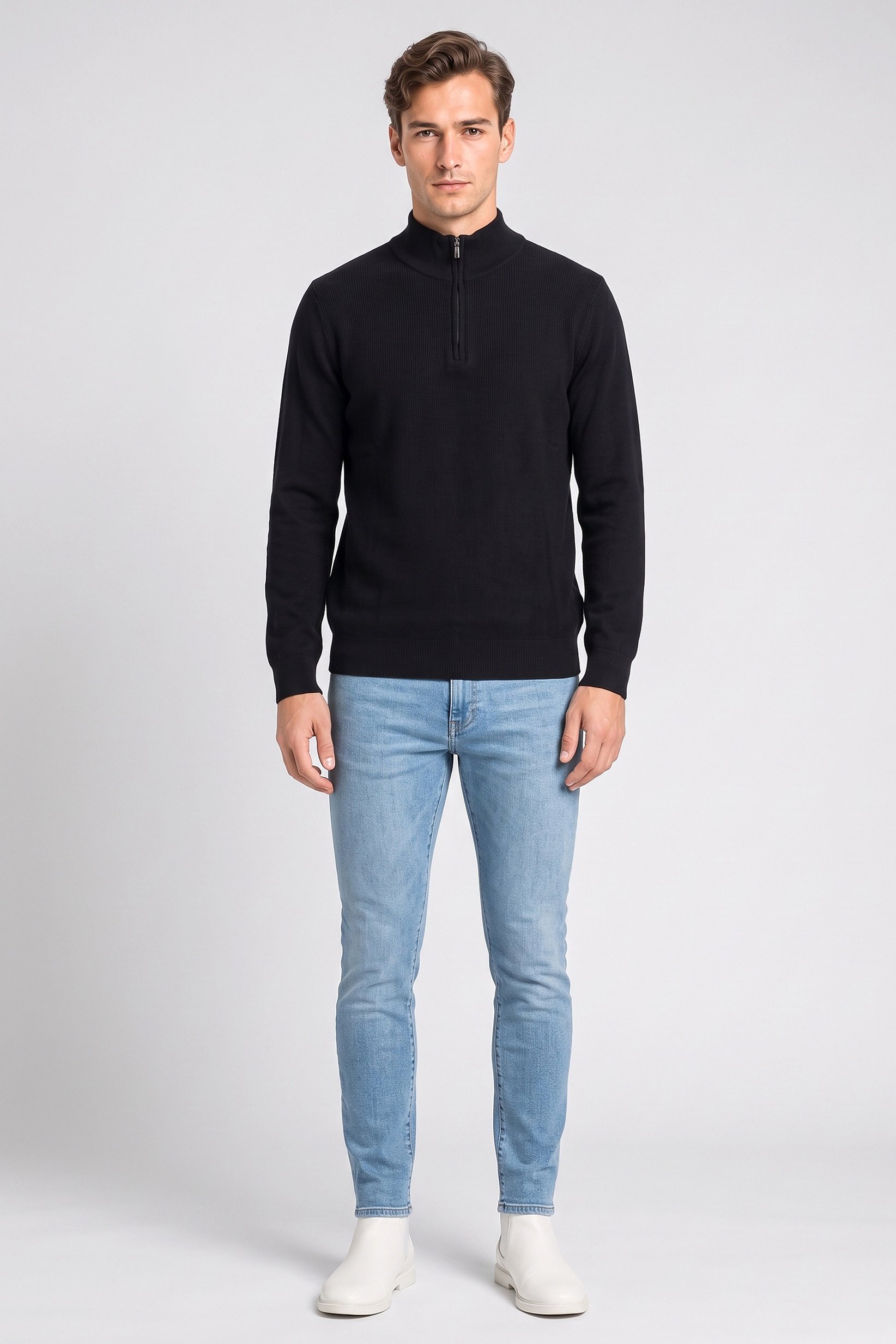 Men Mock Neck Knitted Sweater, Navy