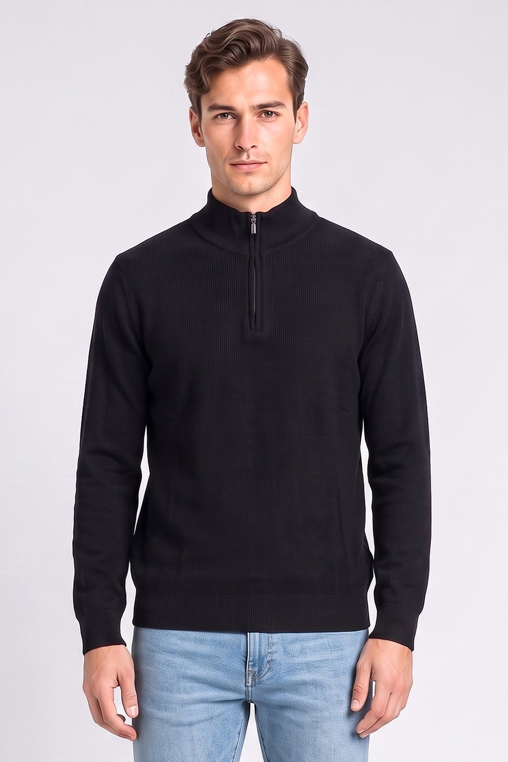 Men Mock Neck Knitted Sweater, Navy
