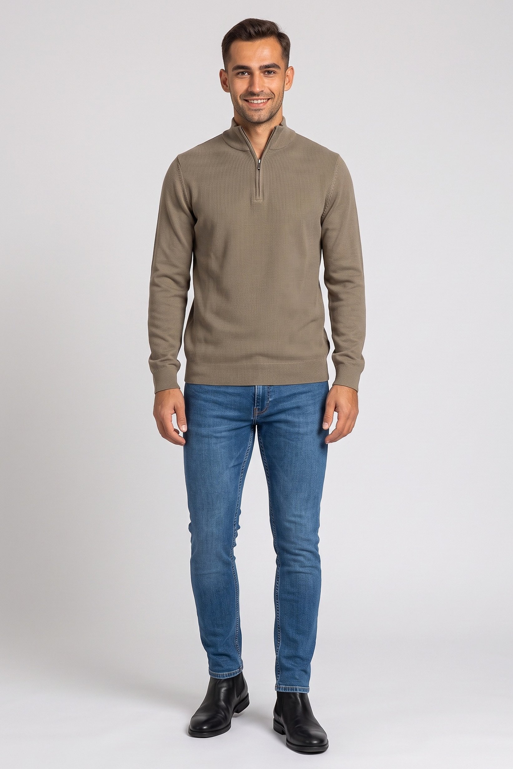Men Mock Neck Knitted Sweater, Taupe