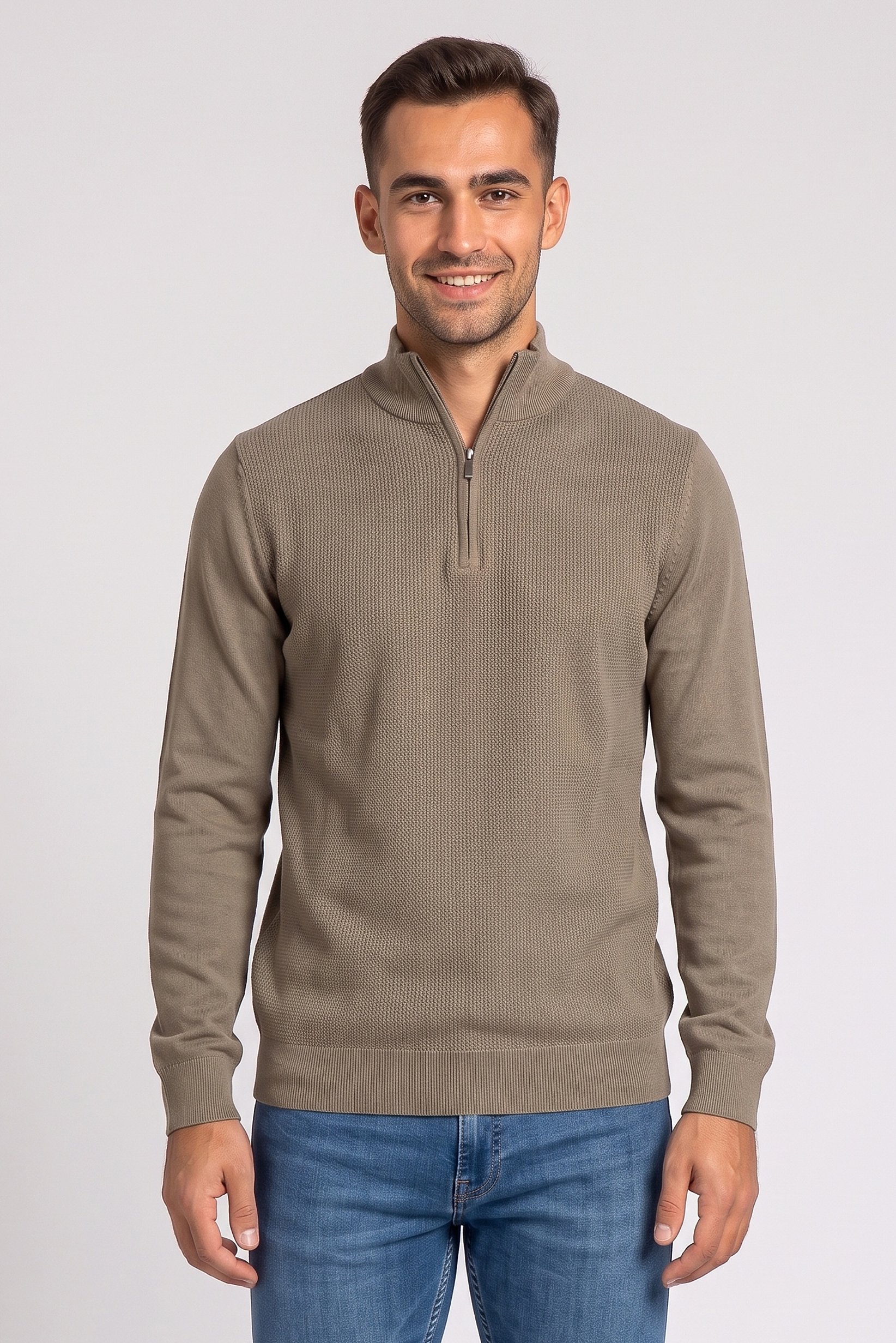 Men Mock Neck Knitted Sweater, Taupe