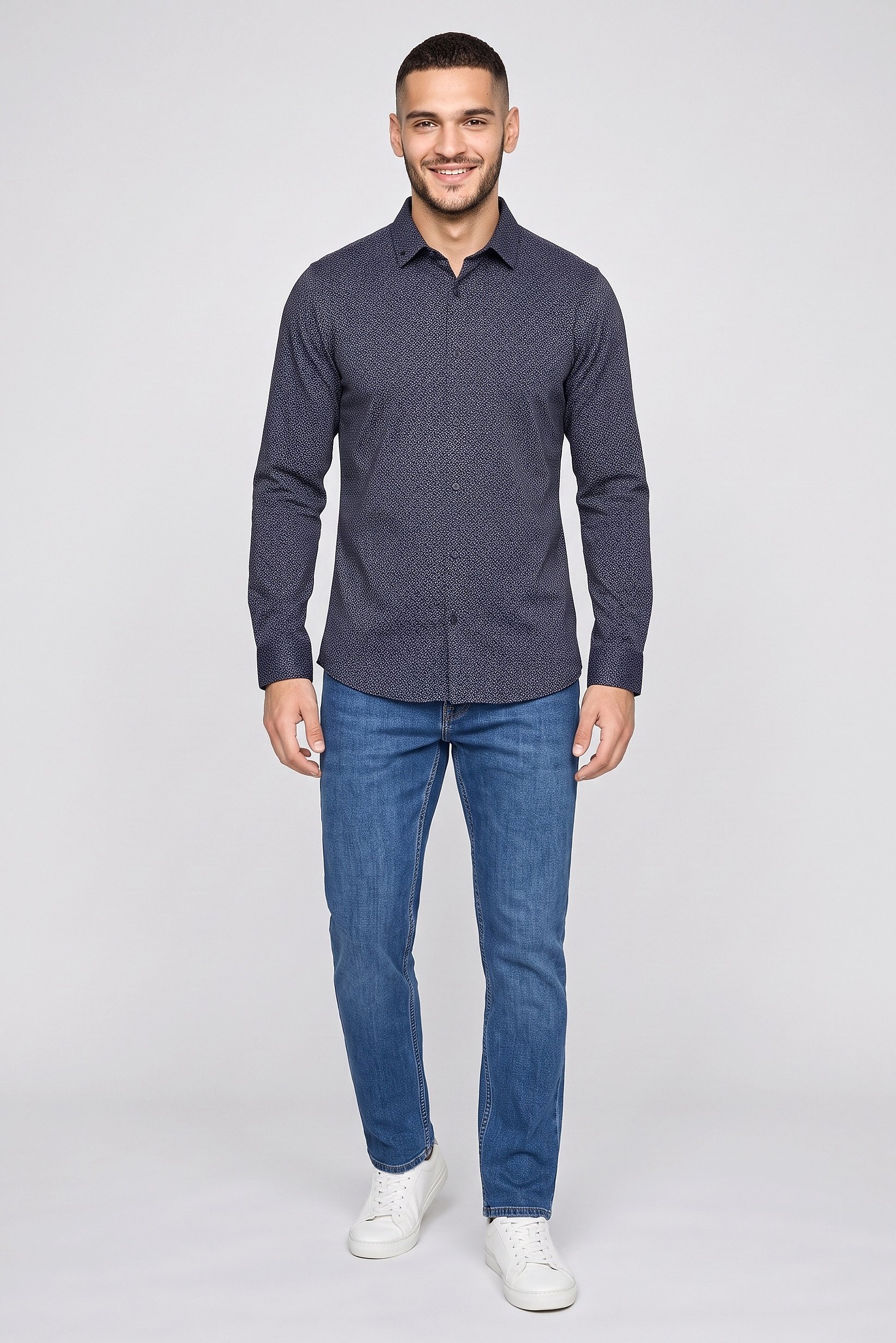 Men Regular Fit Jacquard Pattern Long Sleeve Casual Shirt, Multicolor