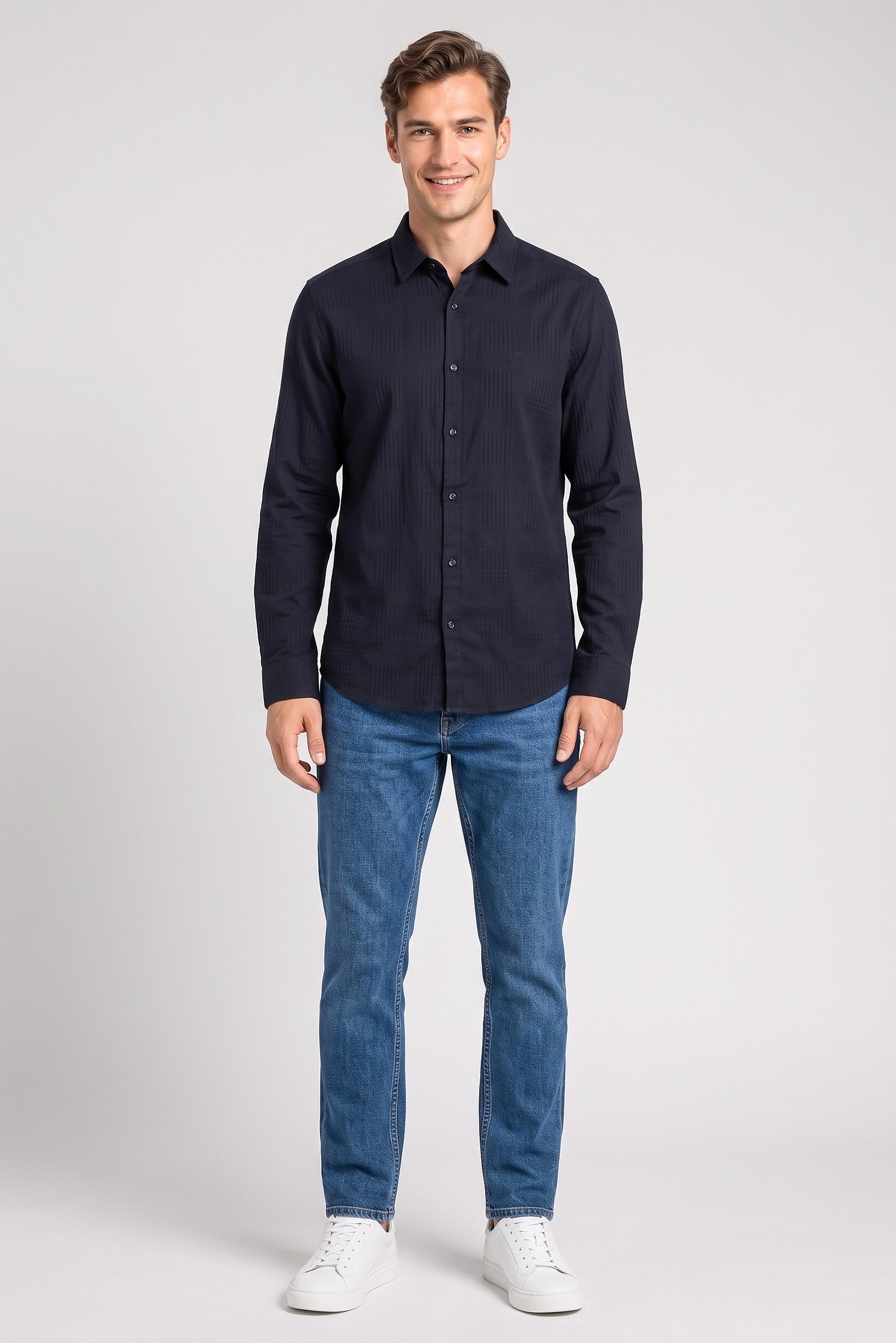 Men Regular Fit Long Sleeve Textured Casual Shirt, Navy