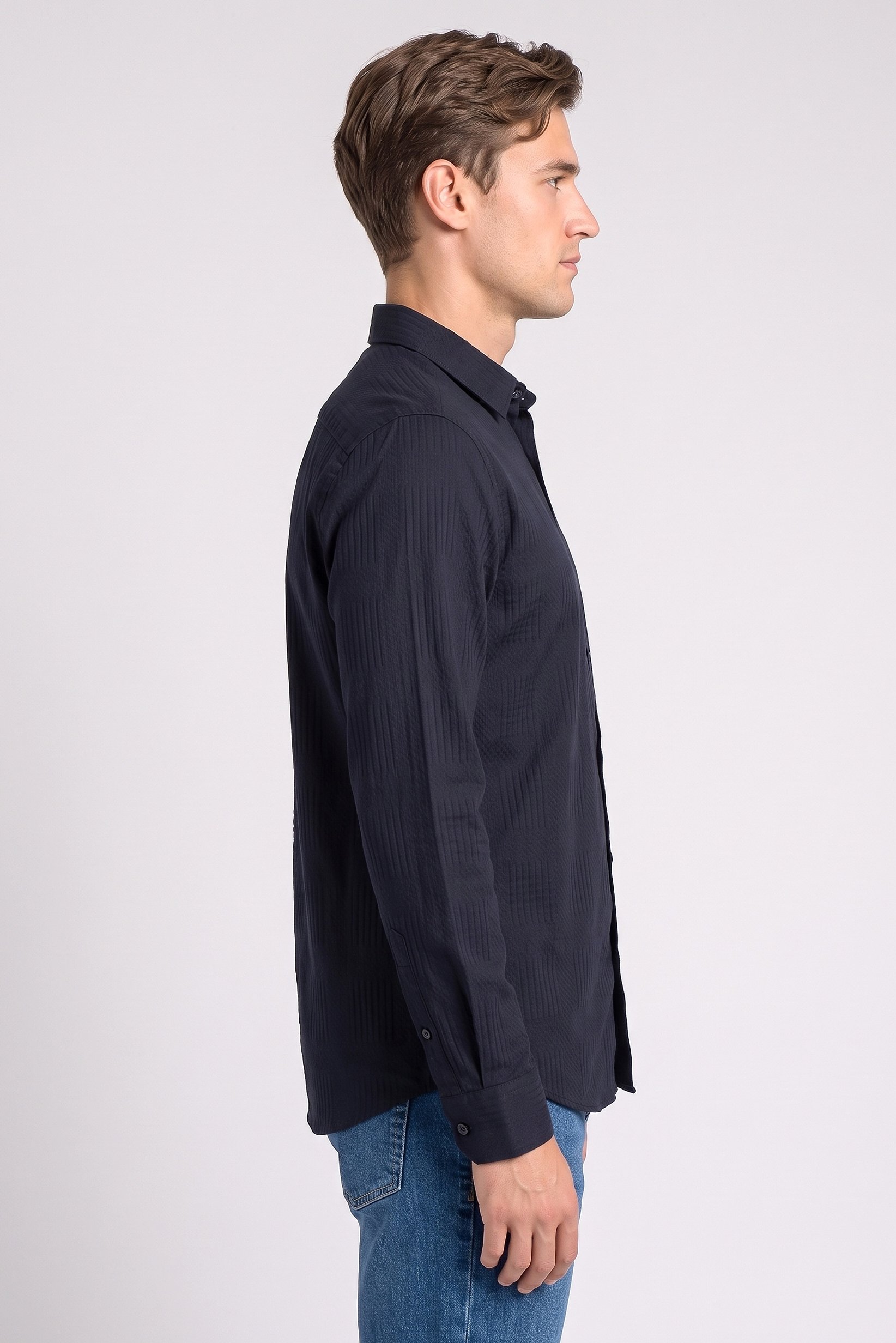Men Regular Fit Long Sleeve Textured Casual Shirt, Navy