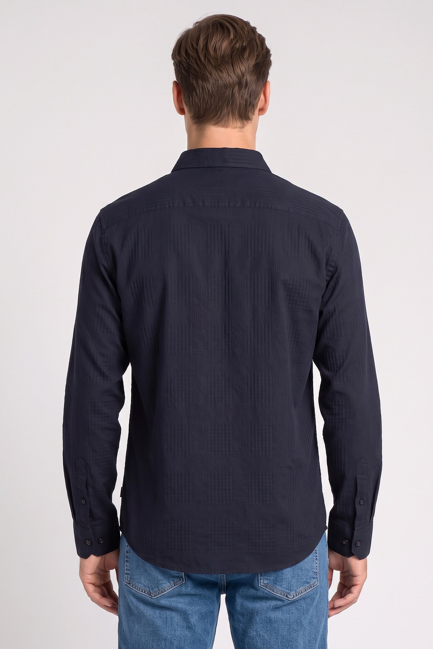 Men Regular Fit Long Sleeve Textured Casual Shirt, Navy