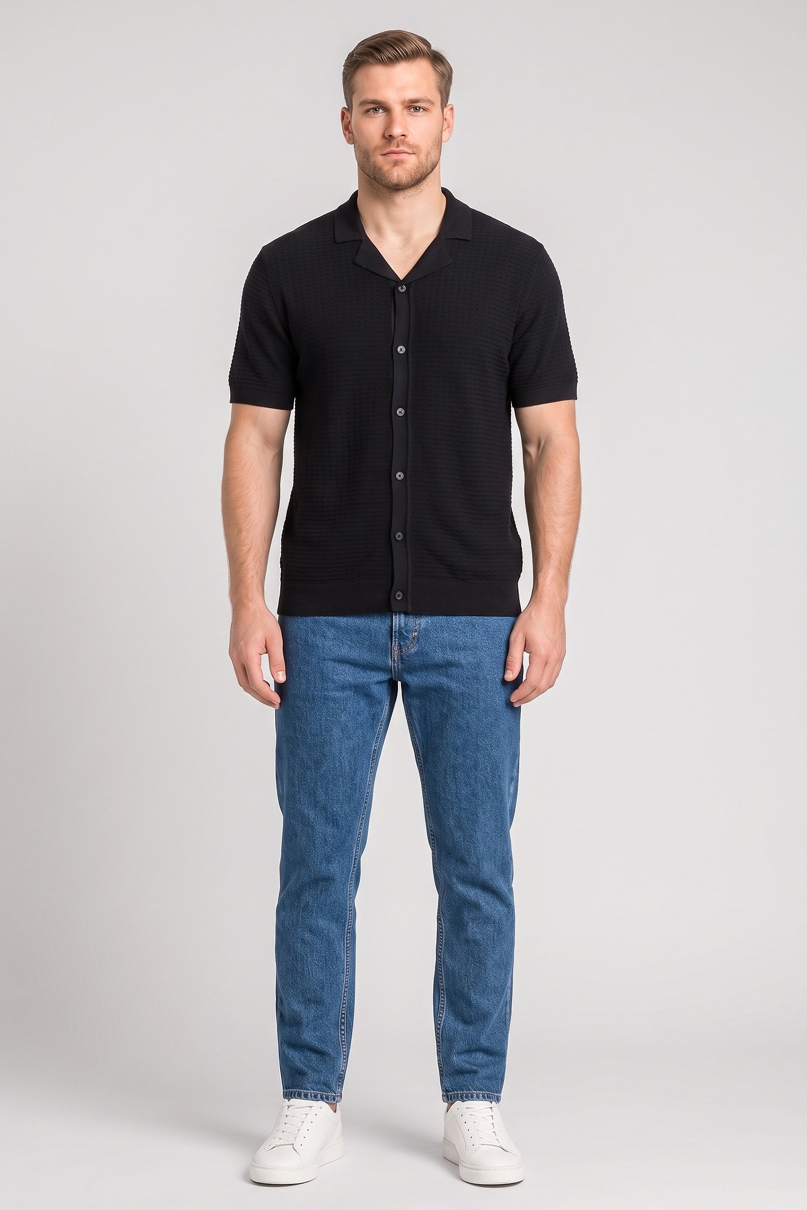 Men Spread Collar Short Sleeve Textured Polo Shirt, Navy