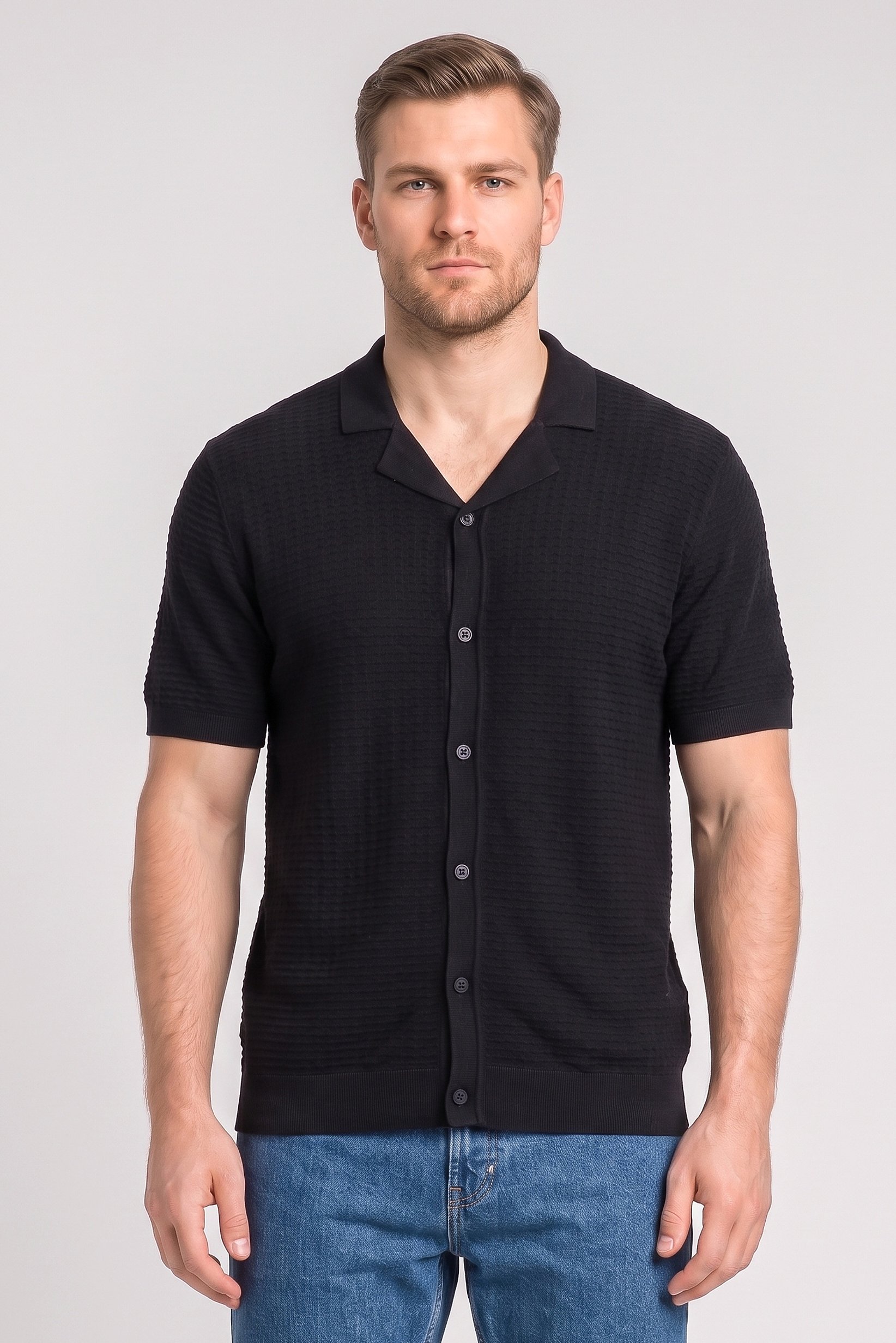 Men Spread Collar Short Sleeve Textured Polo Shirt, Navy