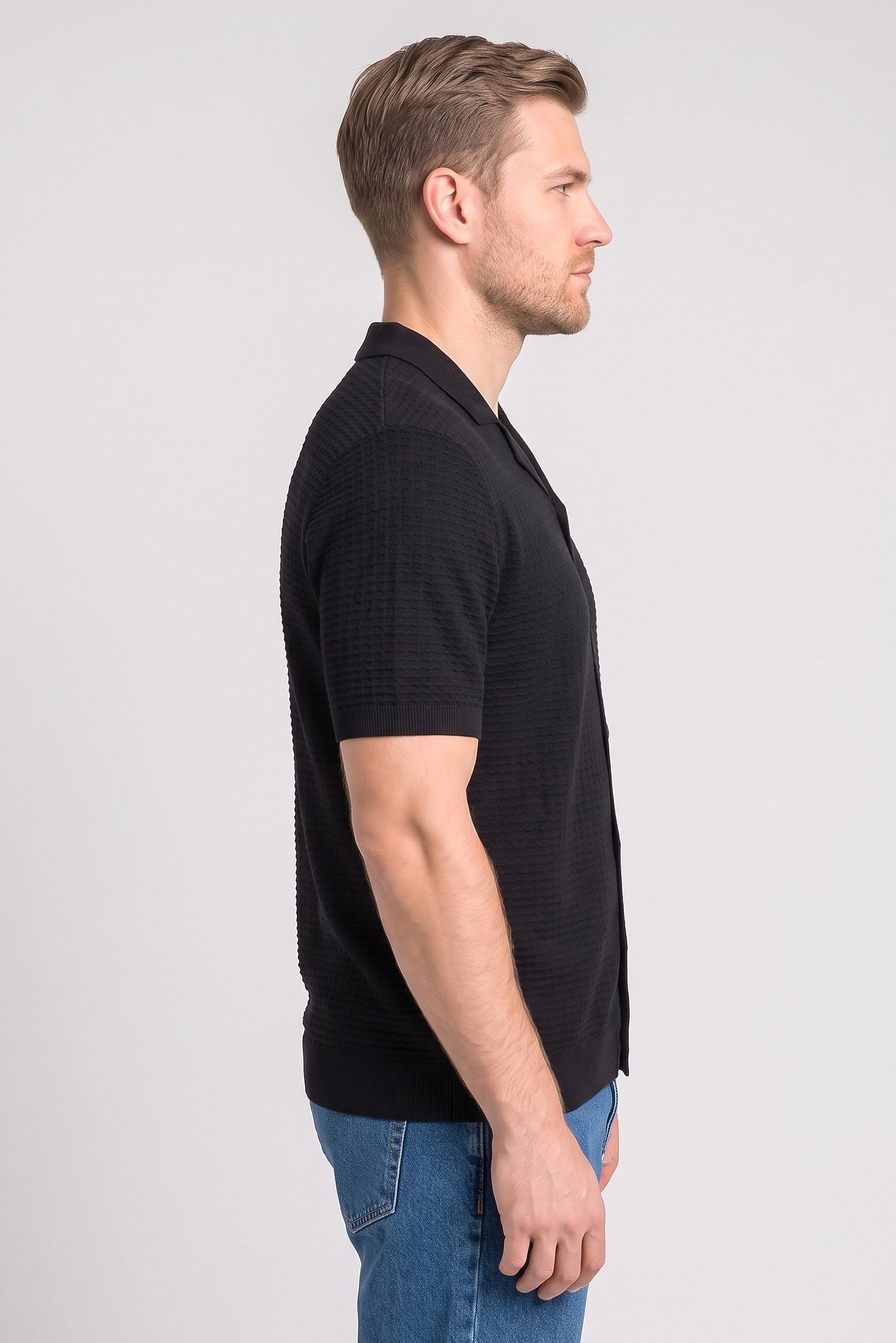 Men Spread Collar Short Sleeve Textured Polo Shirt, Navy