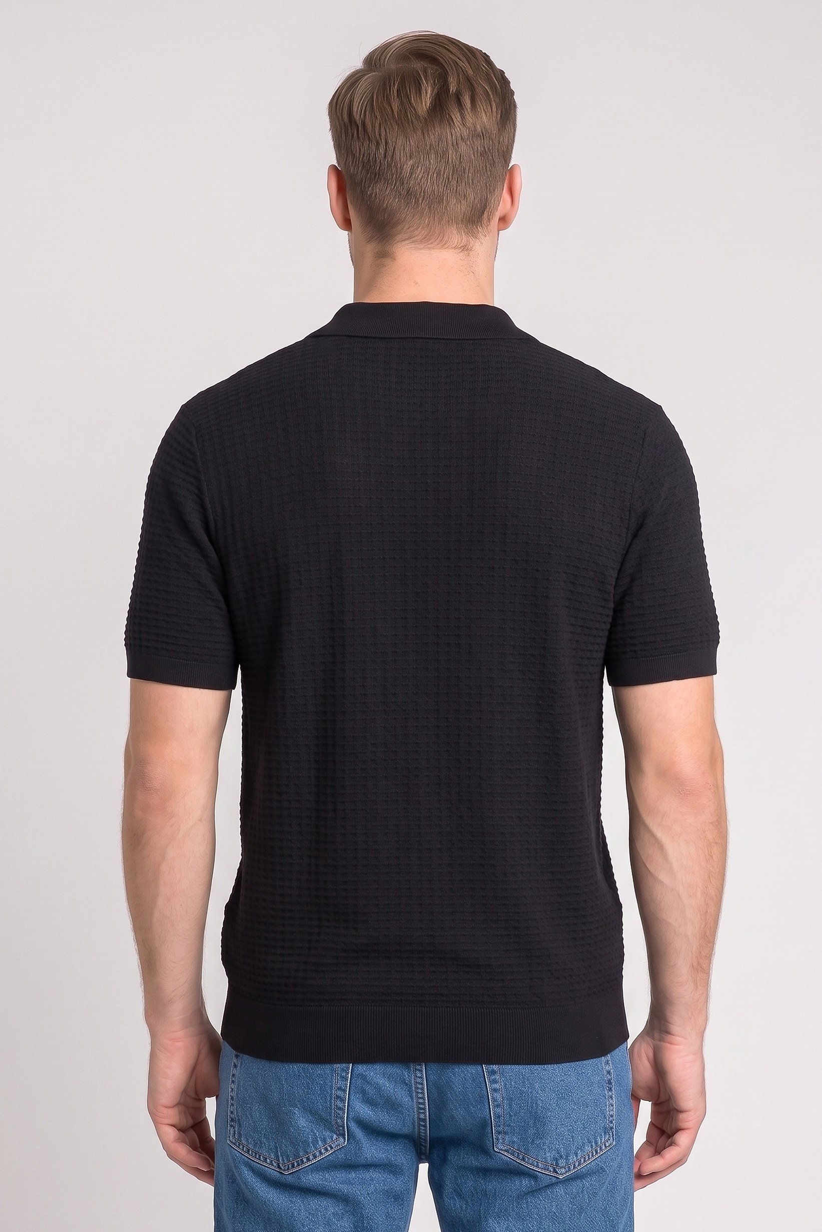 Men Spread Collar Short Sleeve Textured Polo Shirt, Navy