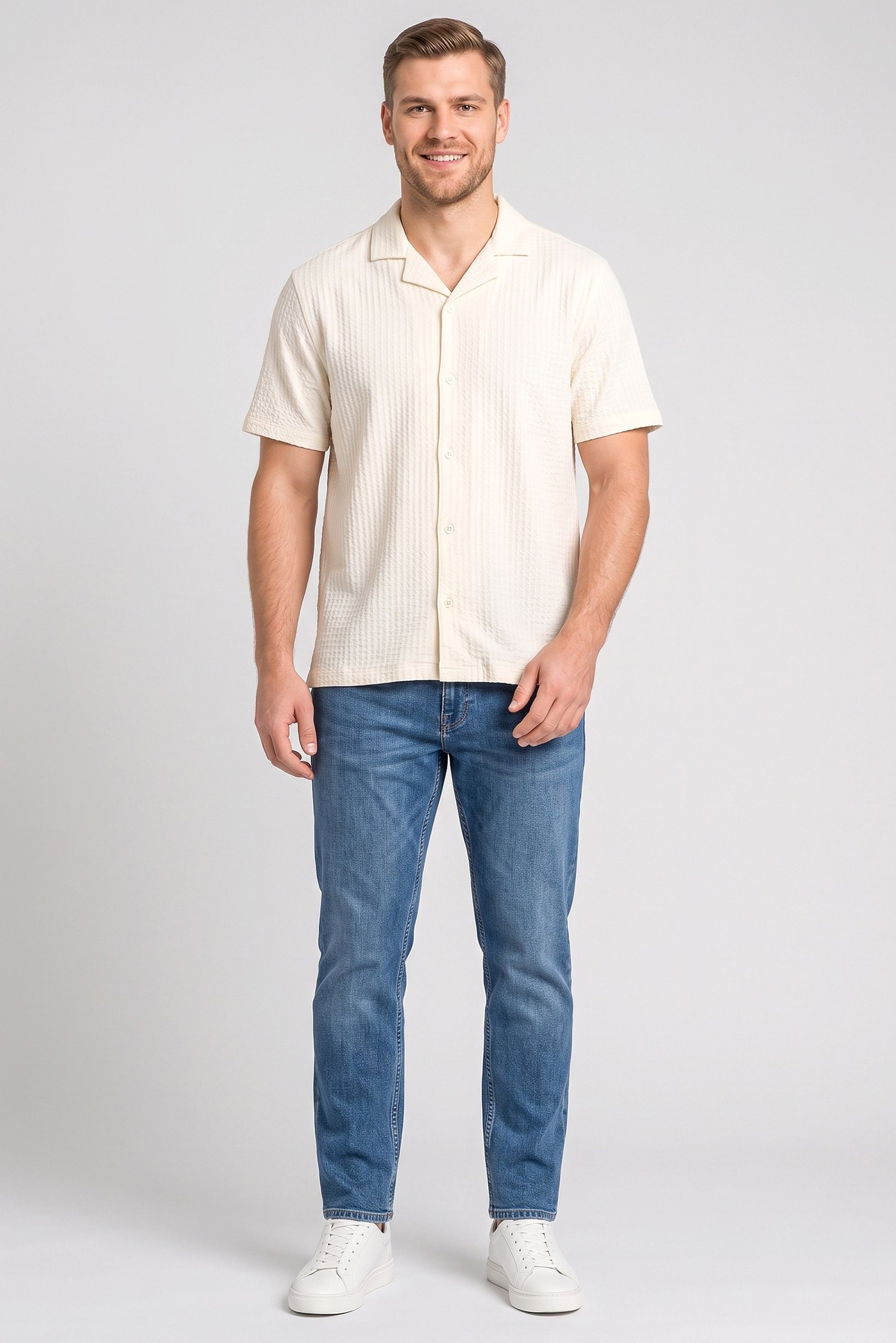Men Regular Fit Textured Short Sleeve Casual Shirt, Beige