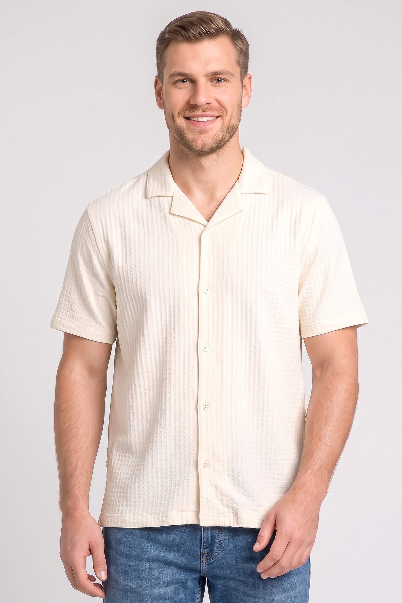 Men Regular Fit Textured Short Sleeve Casual Shirt, Beige