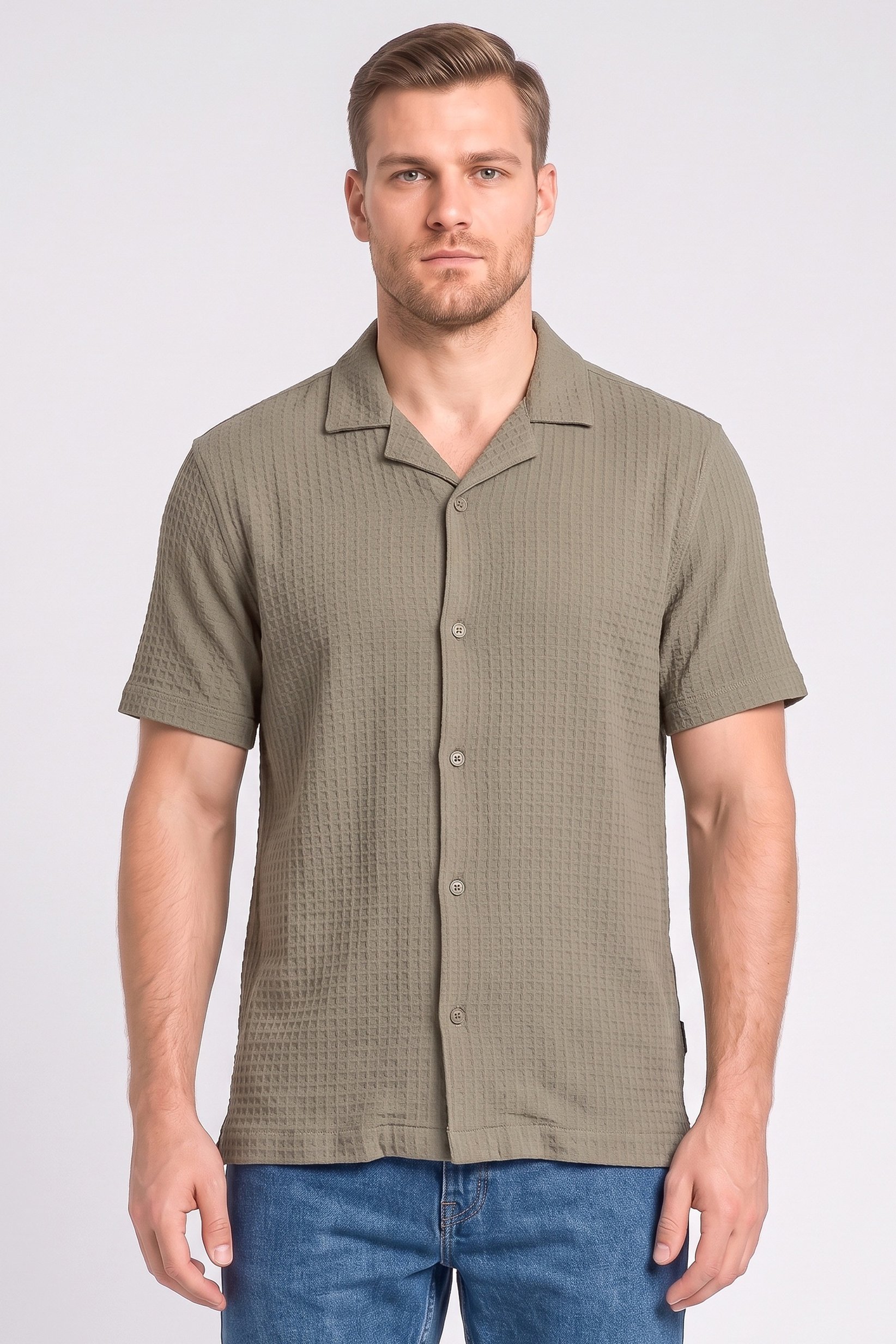 Men Regular Fit Textured Short Sleeve Casual Shirt, Olive