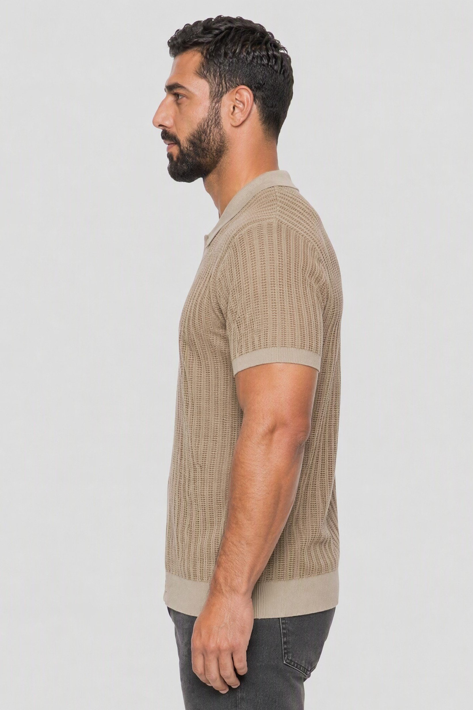 Men Spread Collar Short Sleeve Knitted Polo Shirt, Beige