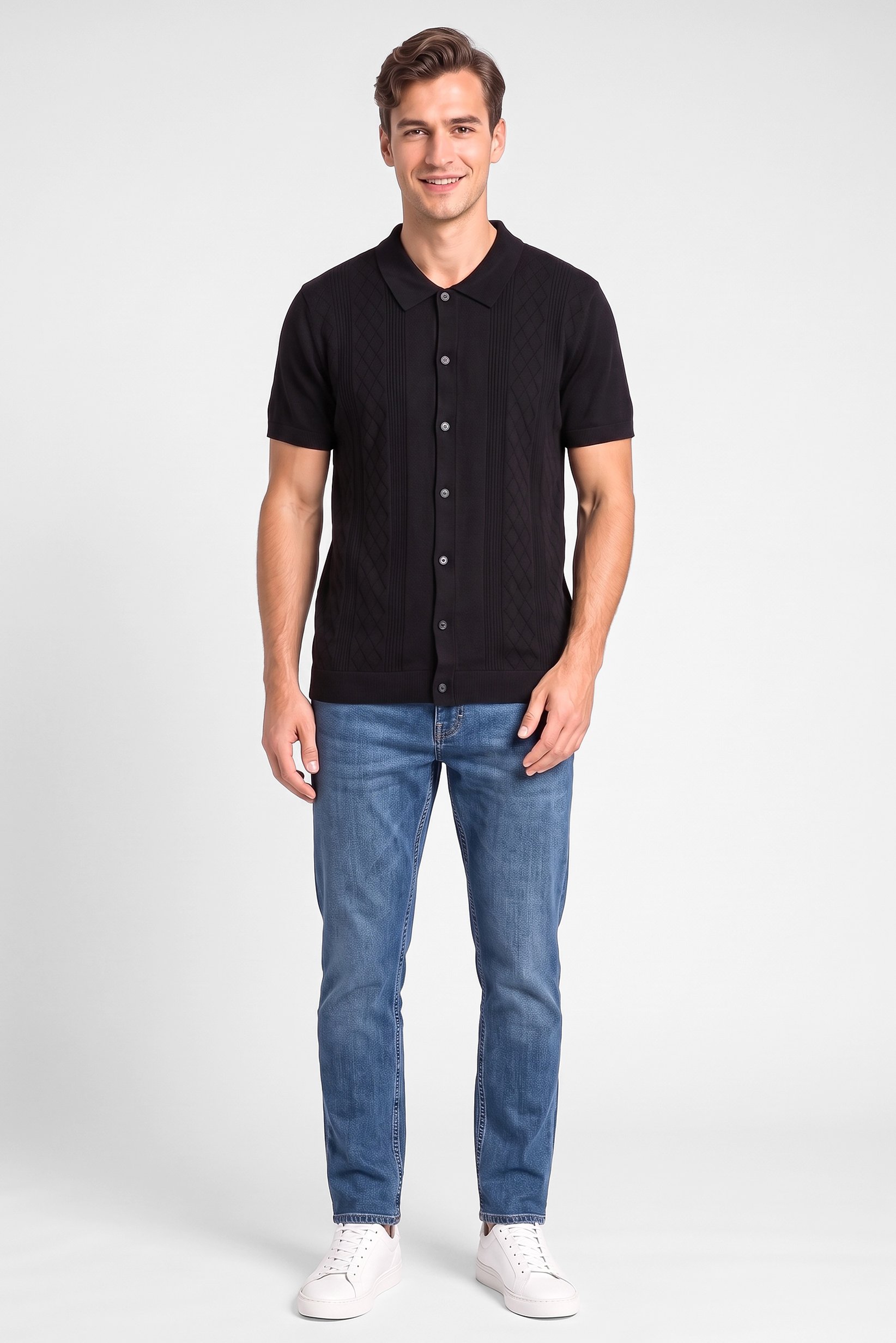 Men Regular Fit Short Sleeve Textured Polo Shirt, Black