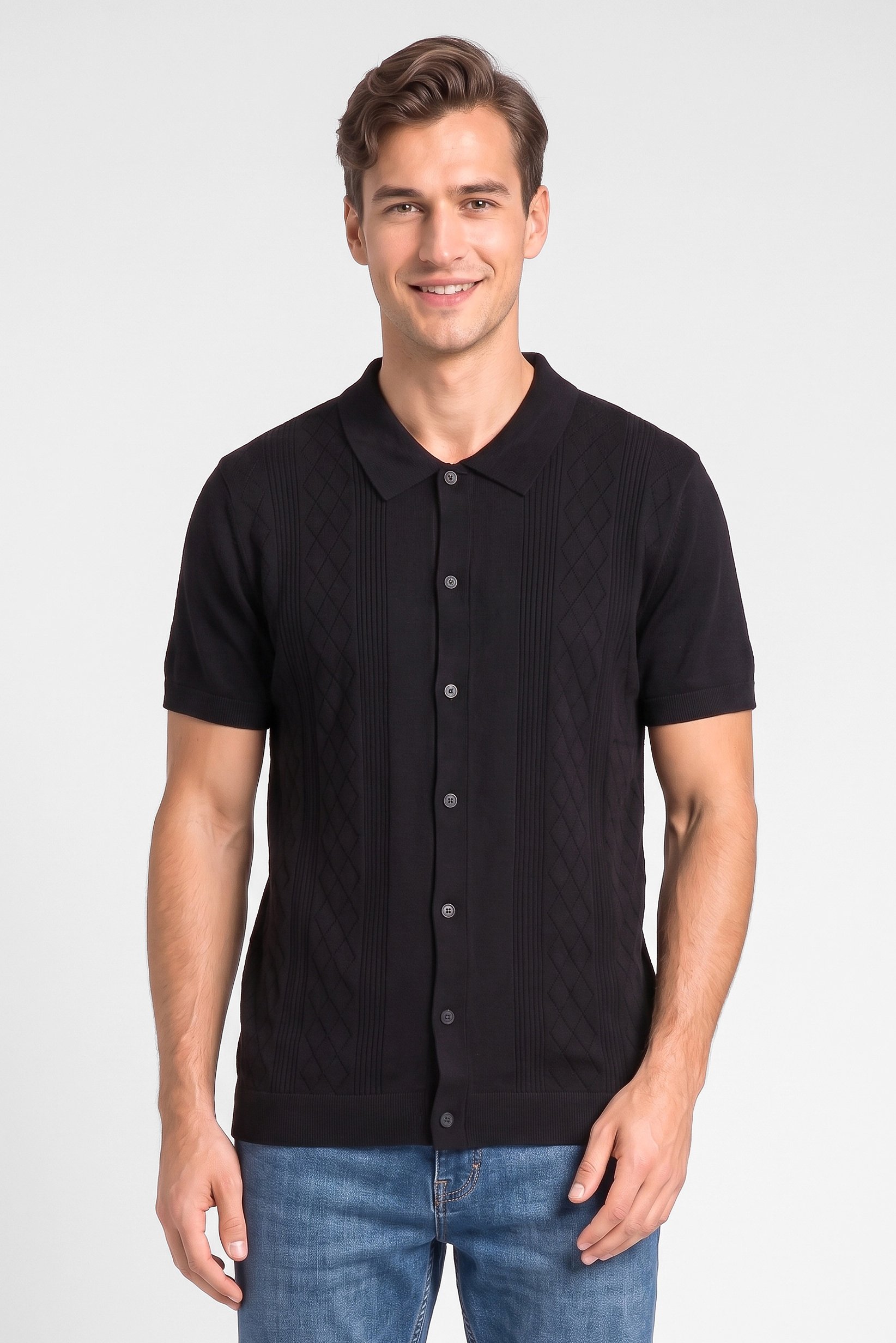 Men Regular Fit Short Sleeve Textured Polo Shirt, Black