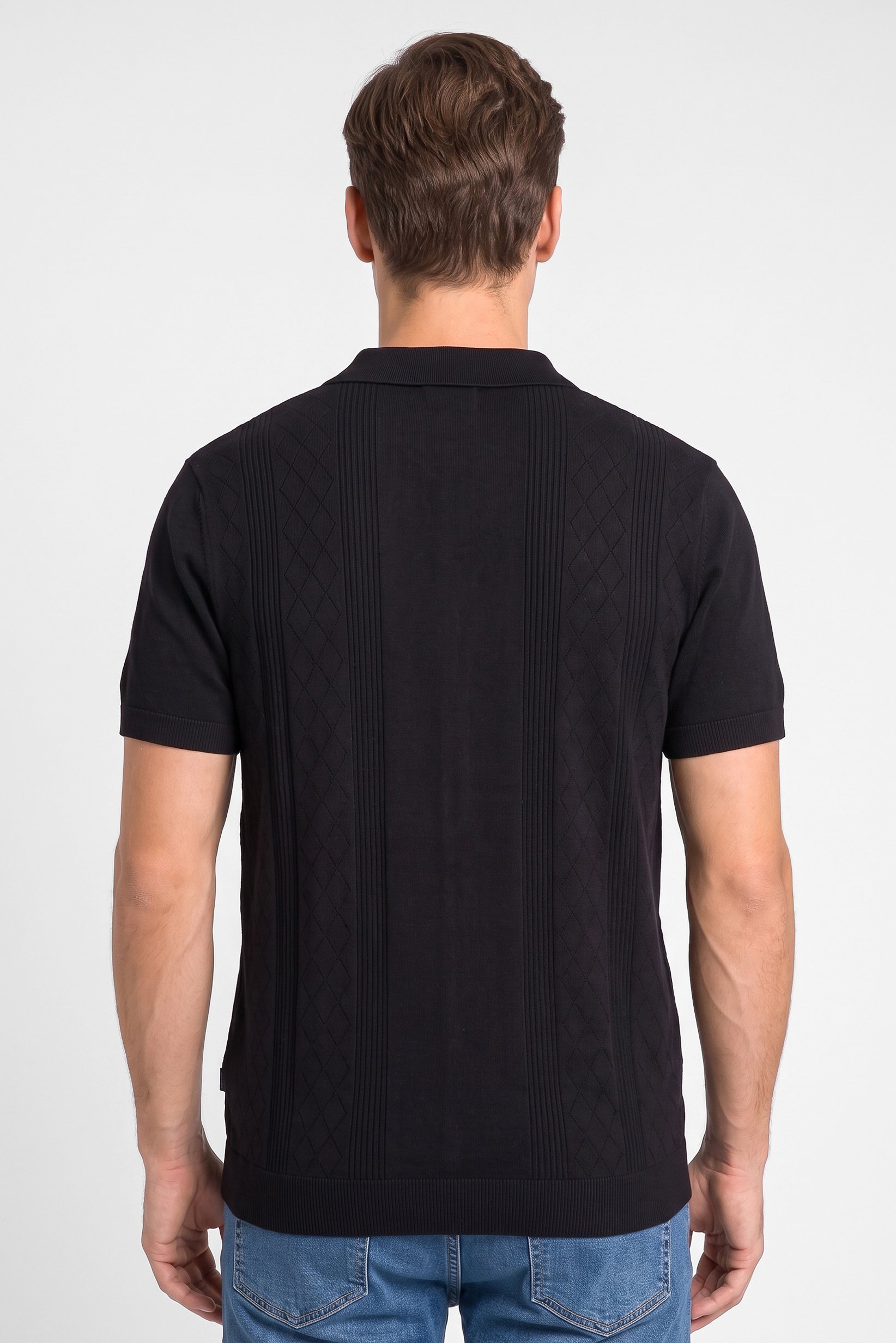 Men Regular Fit Short Sleeve Textured Polo Shirt, Black