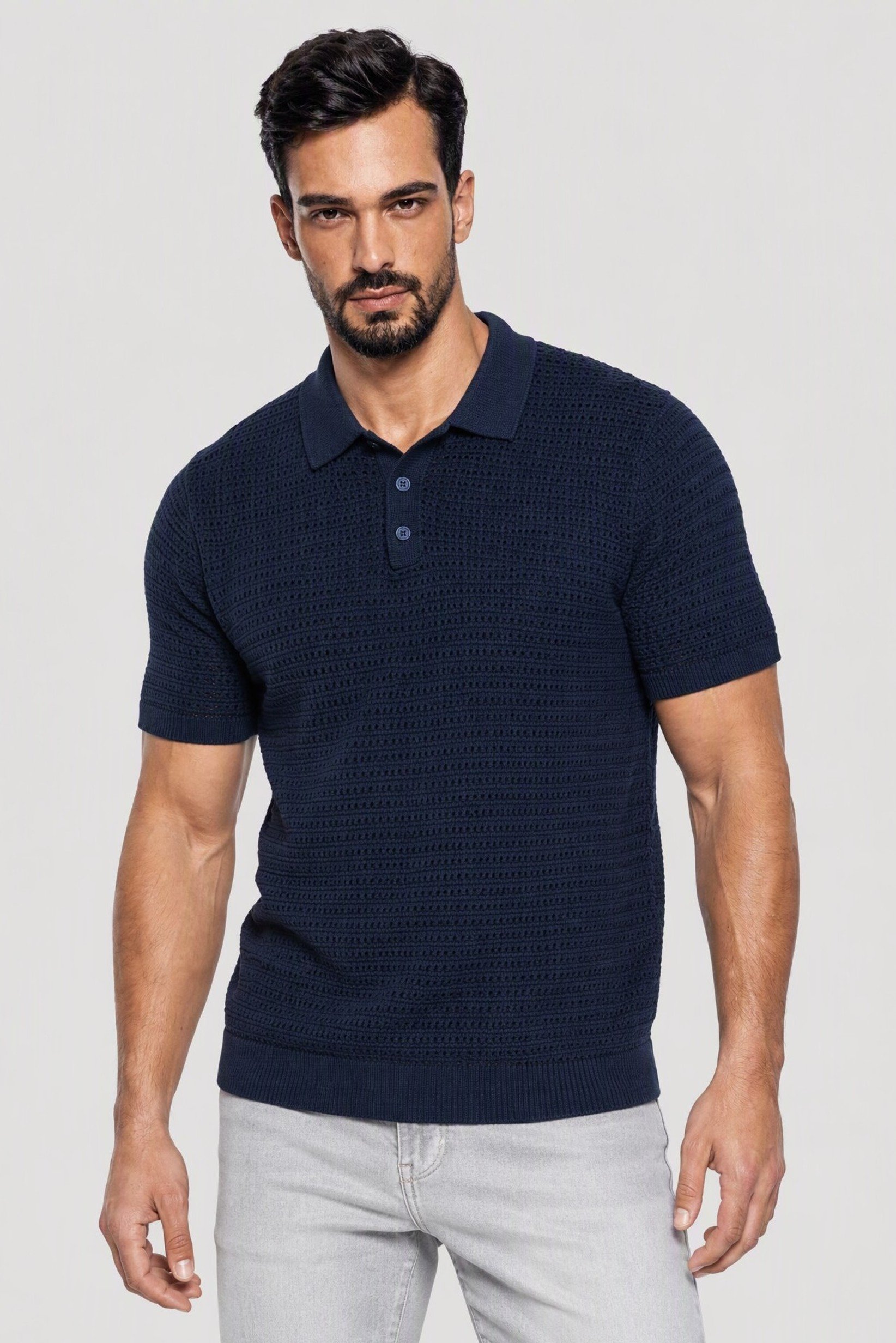 Men Regular Fit Knitted Short Sleeve Polo, Navy Blue