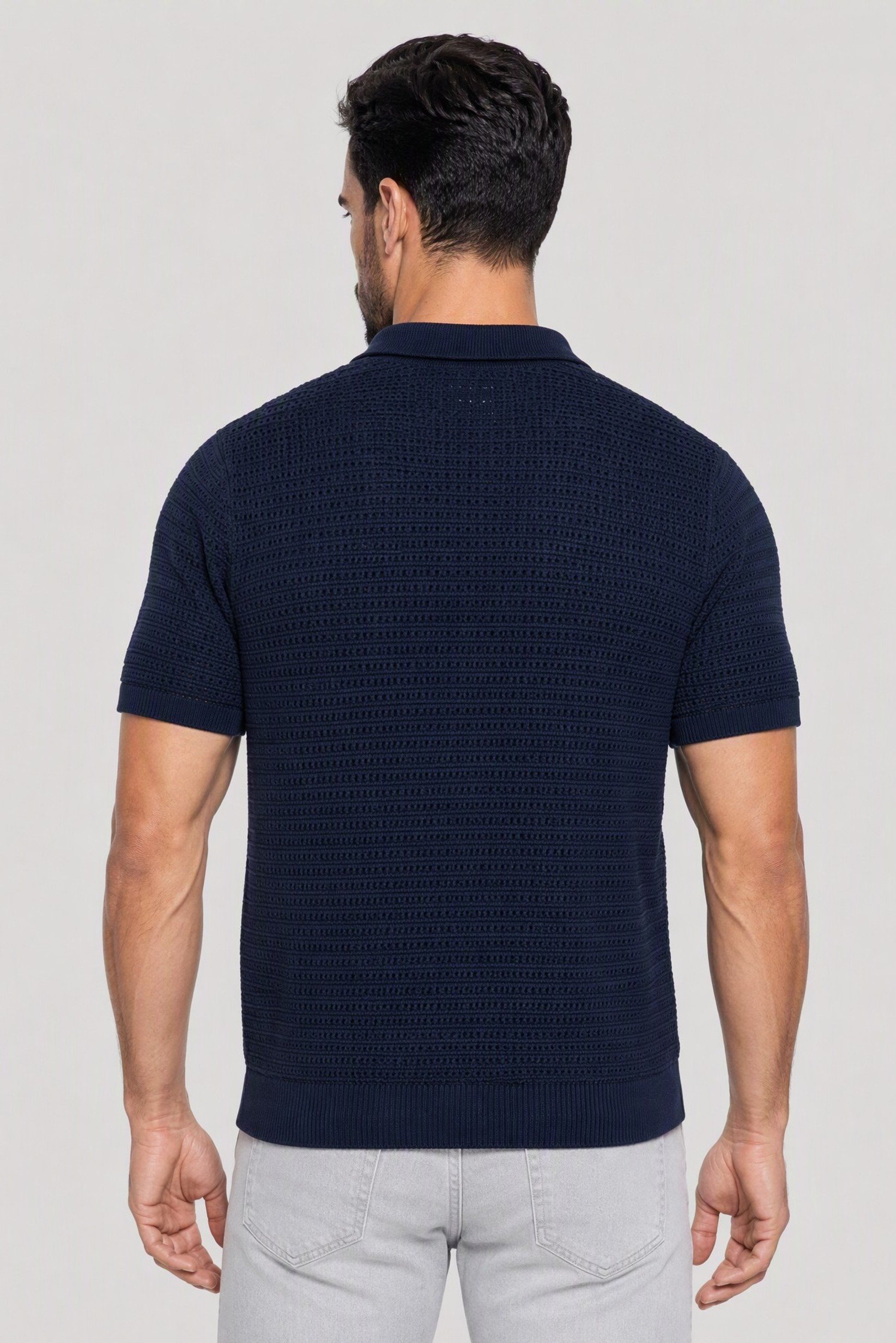 Men Regular Fit Knitted Short Sleeve Polo, Navy Blue