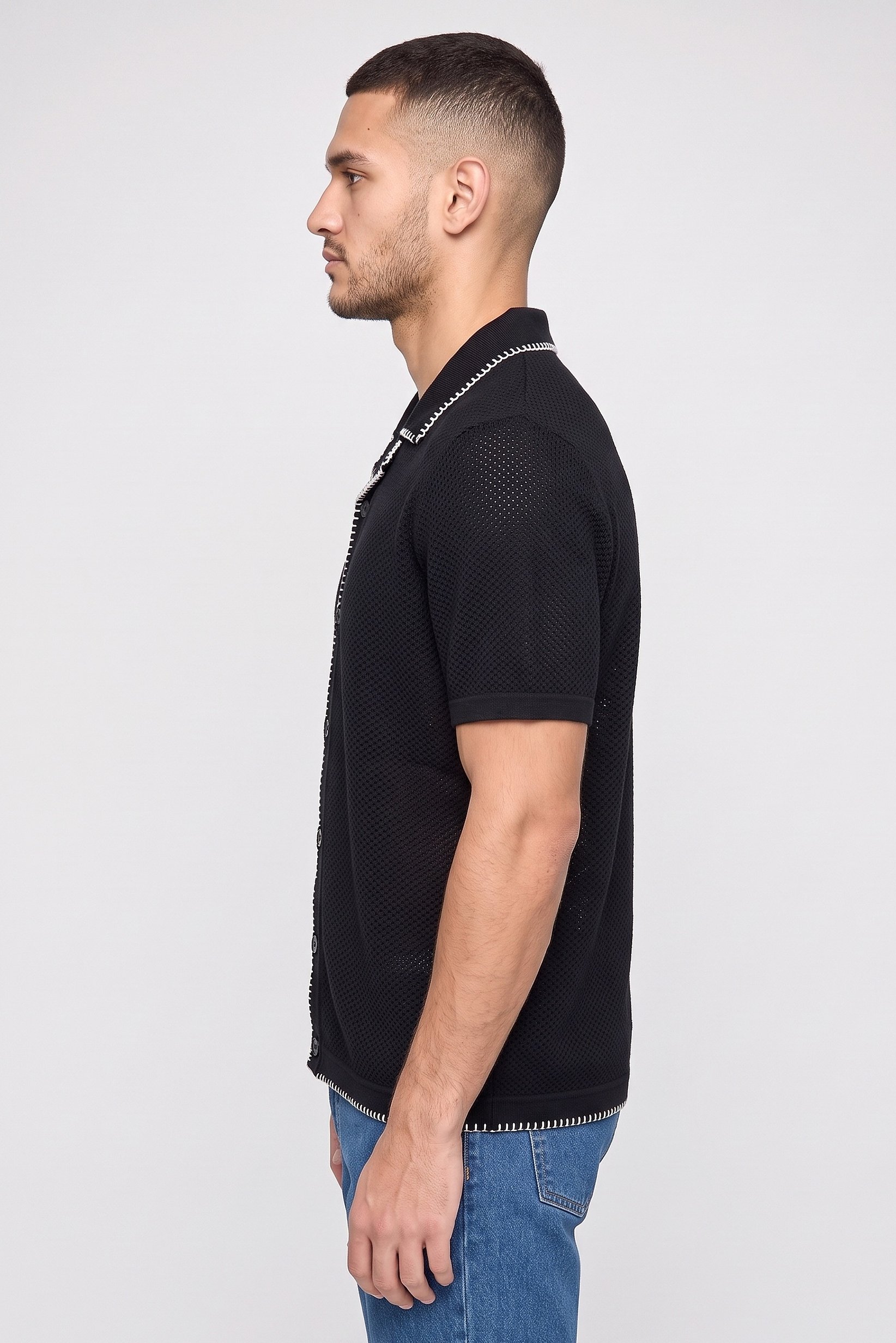 Men Regular Fit Textured Short Sleeve Casual Shirt, Black