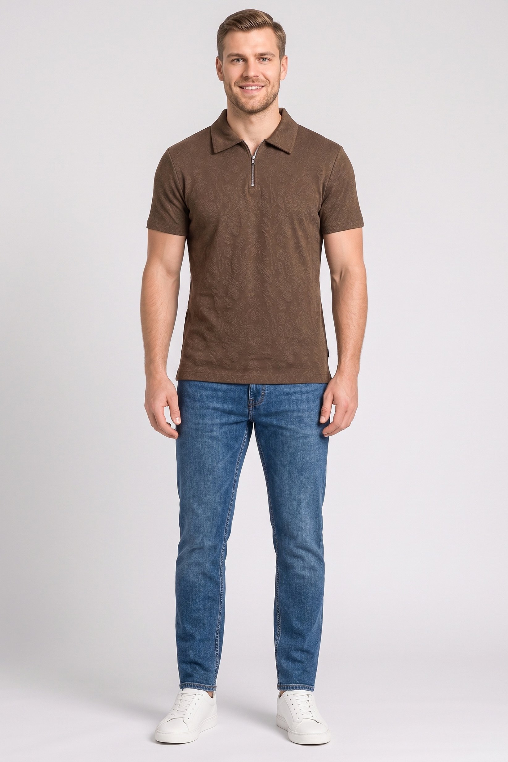 Men Regular Fit Short Sleeve Textured Polo Shirt, Brown