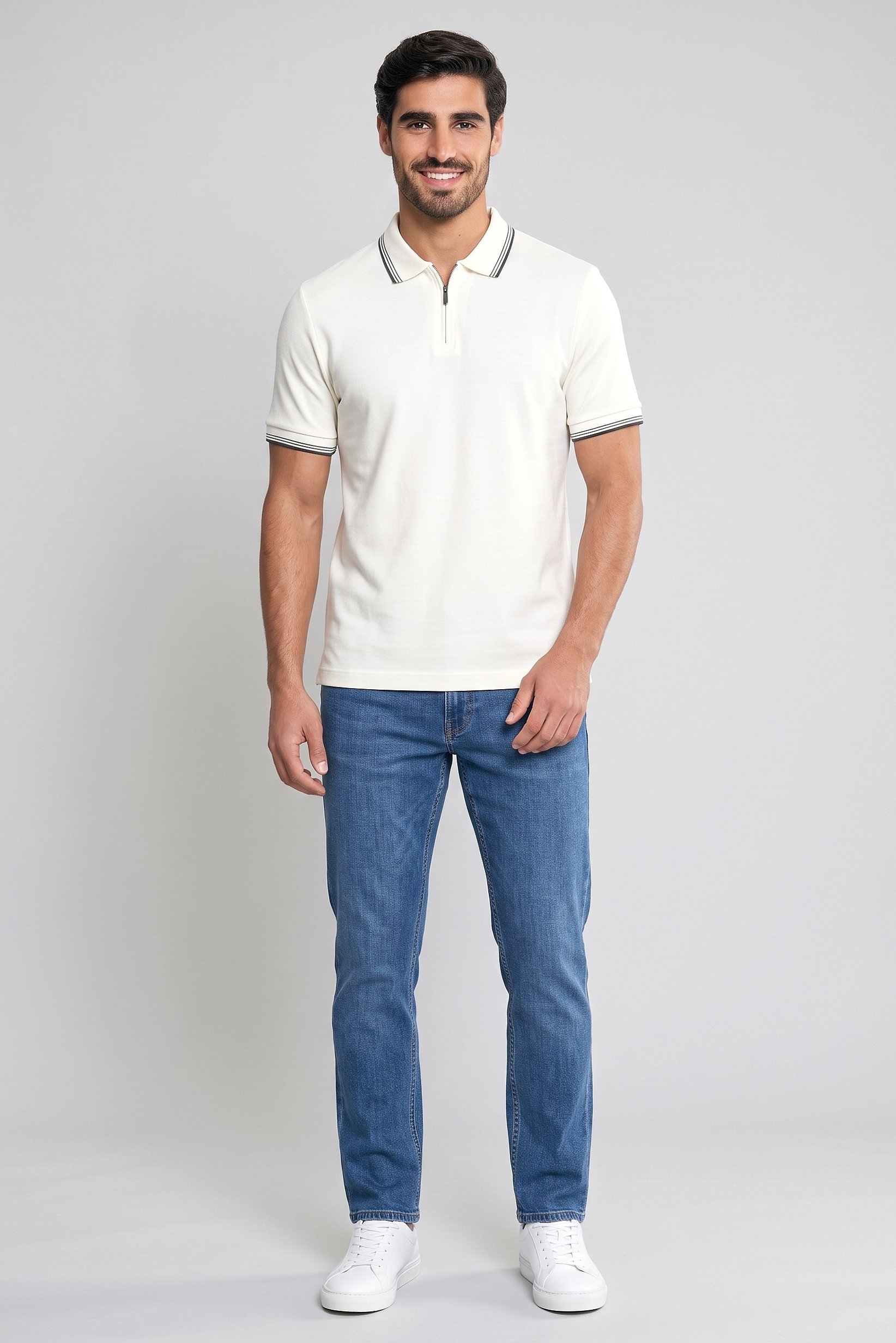 Men Regular Fit Short Sleeve Plain Polo Shirt, Off White
