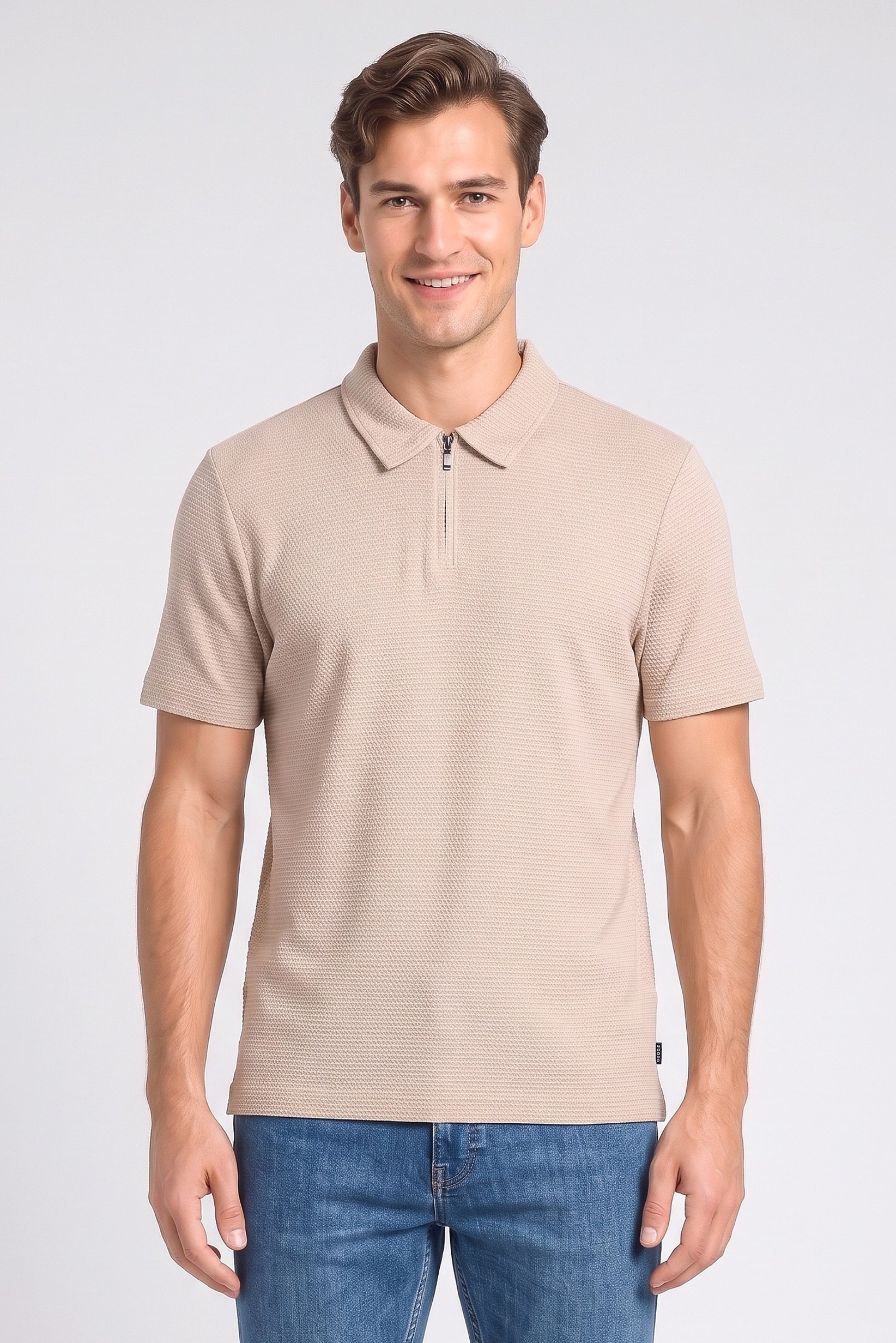 Men Regular Fit Short Sleeve Textured Polo Shirt, Beige