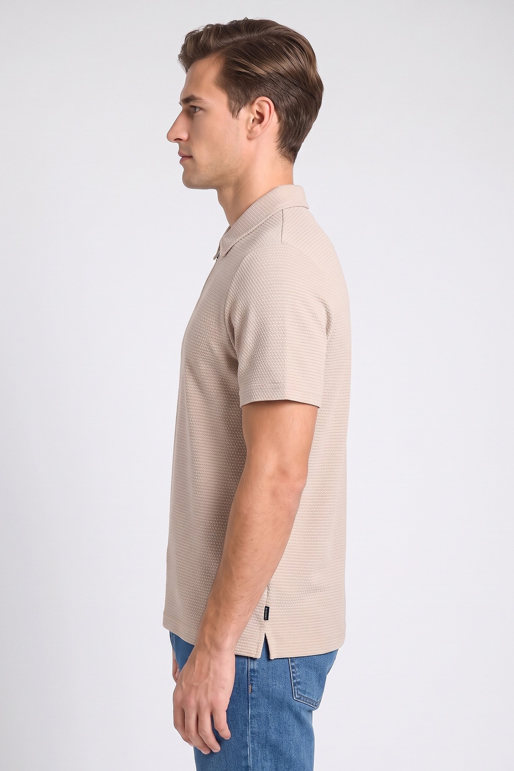 Men Regular Fit Short Sleeve Textured Polo Shirt, Beige