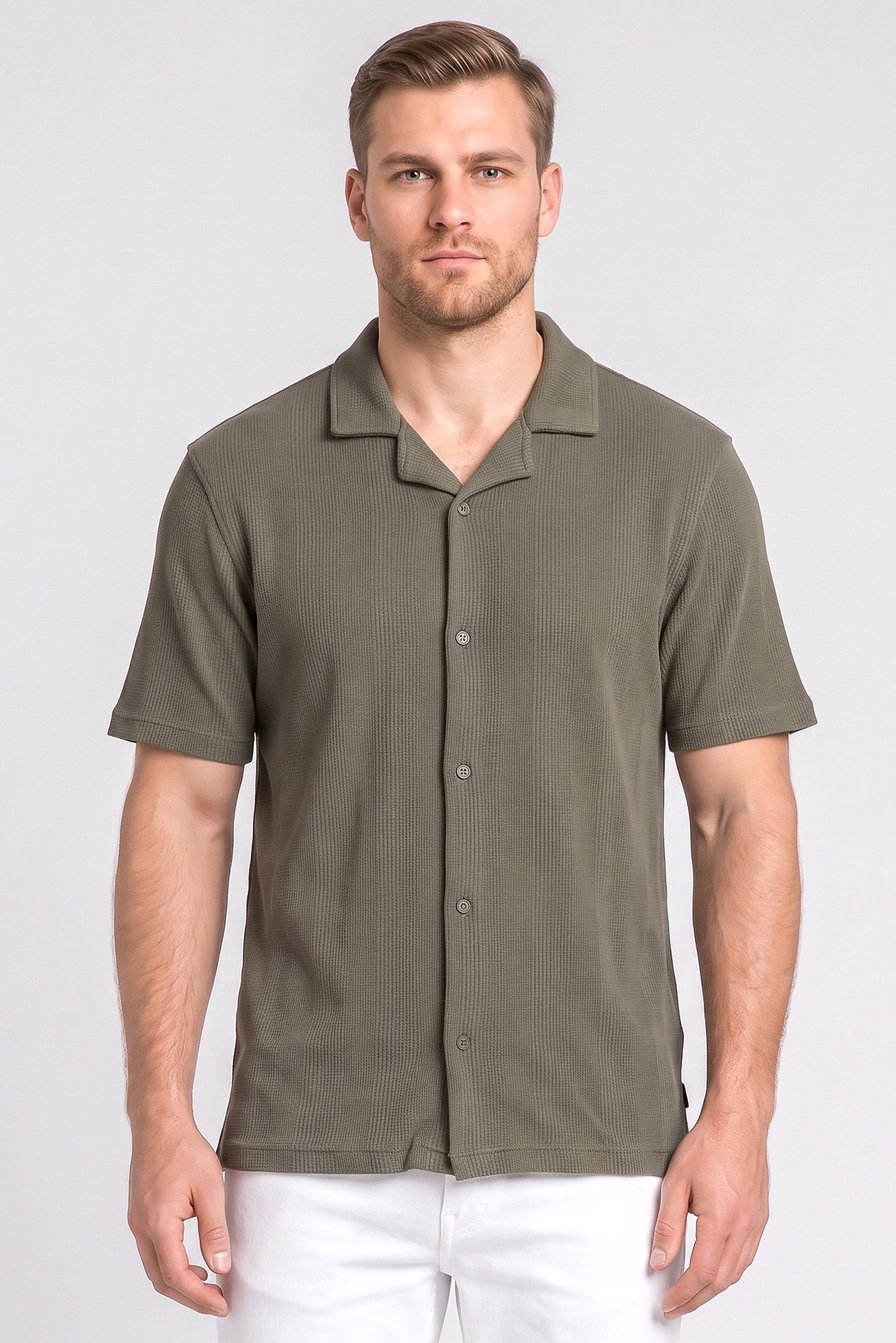 Men Regular Fit Jacquard Waffle Short Sleeve Polo Shirt, Olive
