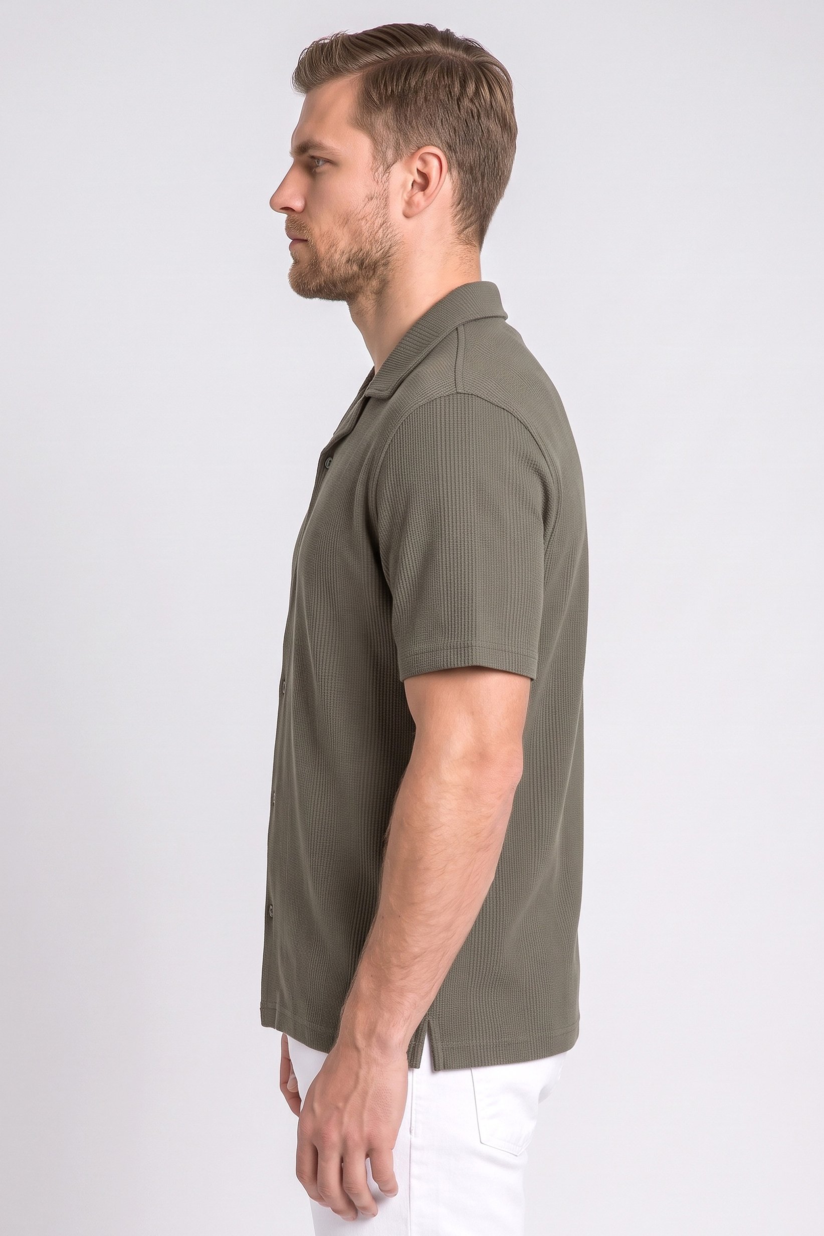 Men Regular Fit Jacquard Waffle Short Sleeve Polo Shirt, Olive