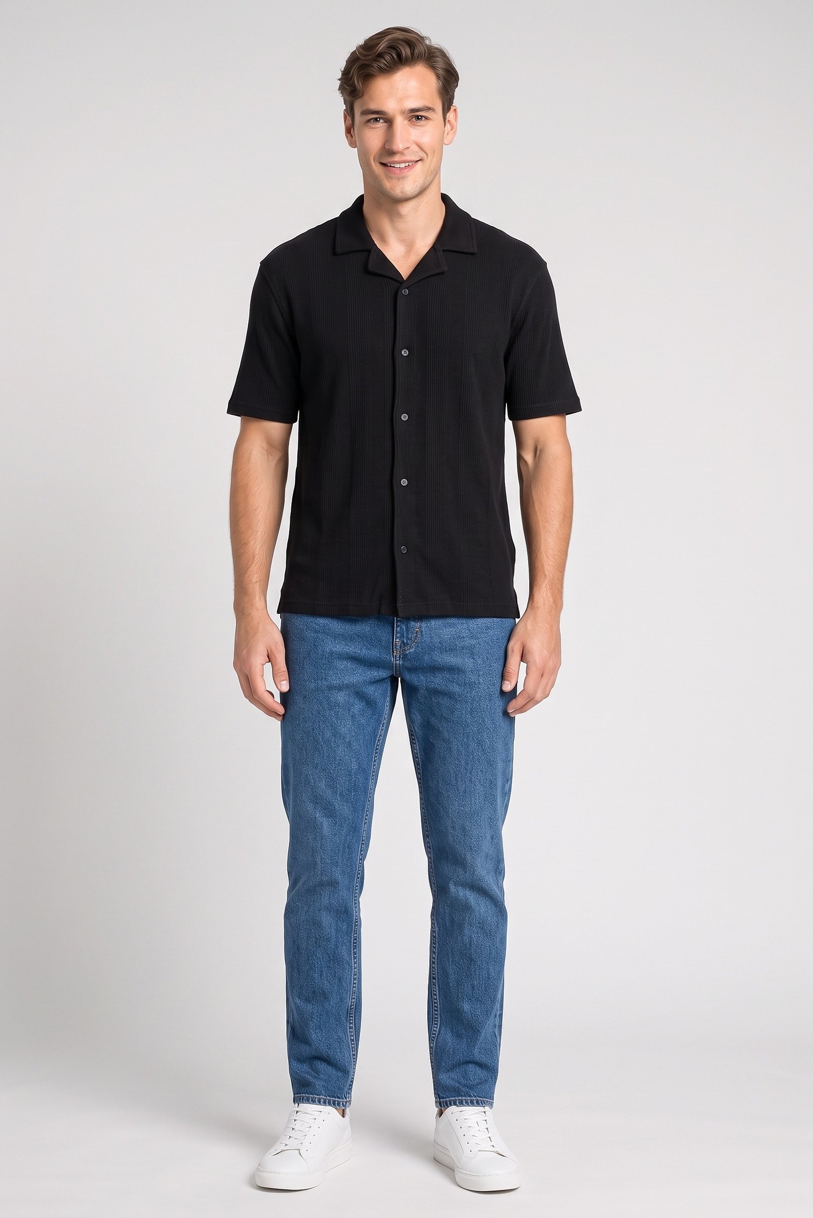 Men Regular Fit Textured Short Sleeve Casual Shirt, Black