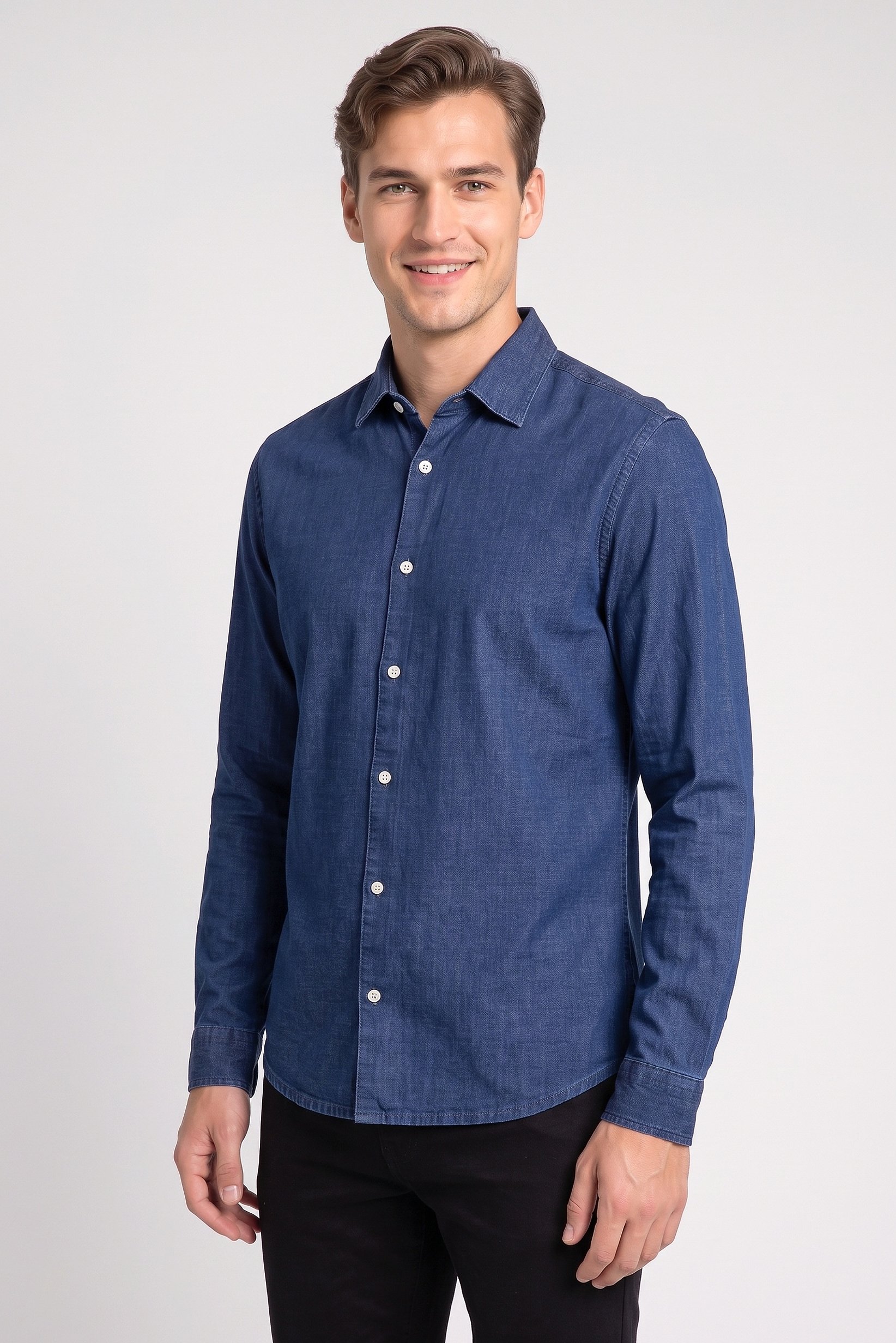 Men Regular Fit Washed Long Sleeve Denim Shirt, Navy