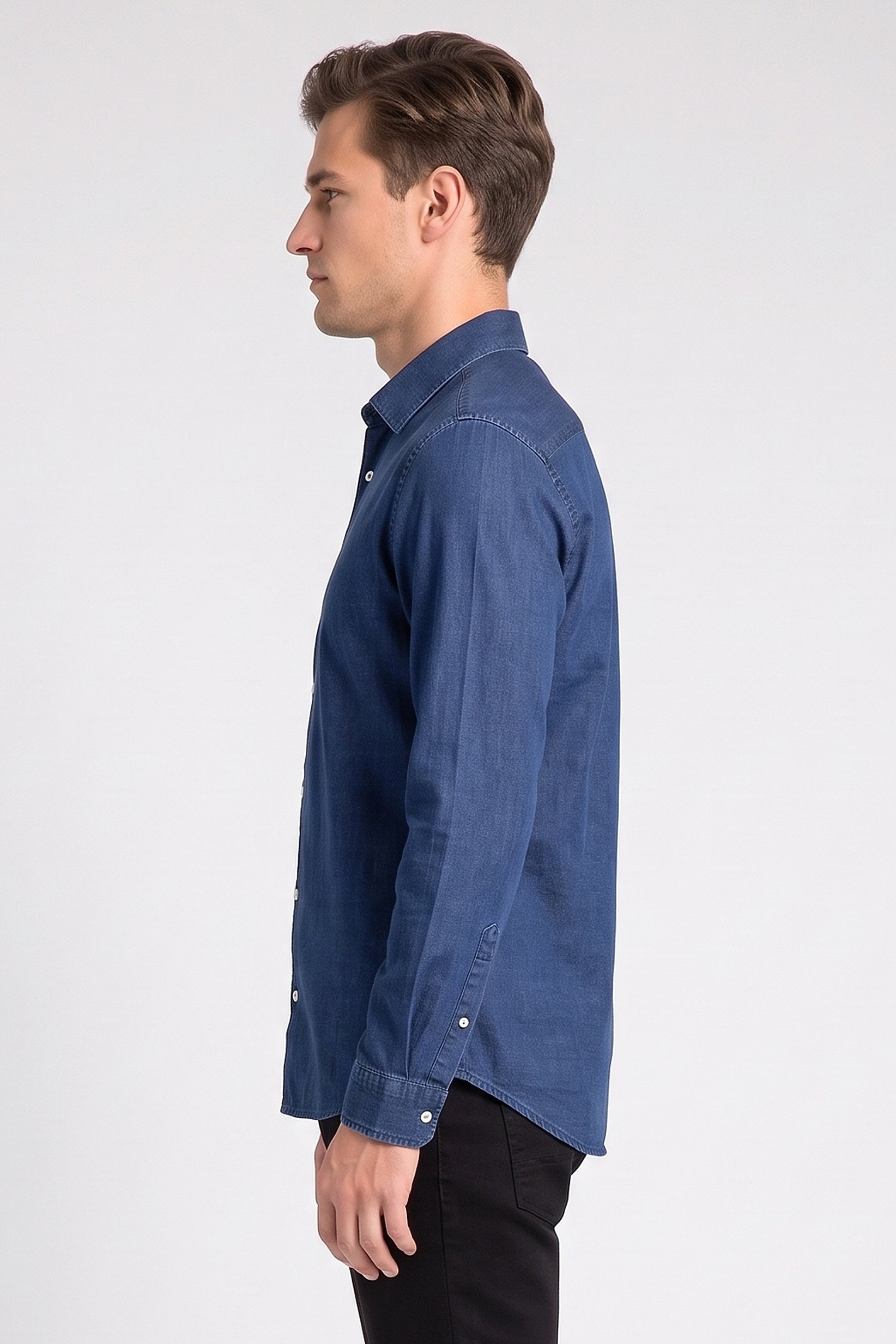 Men Regular Fit Washed Long Sleeve Denim Shirt, Navy