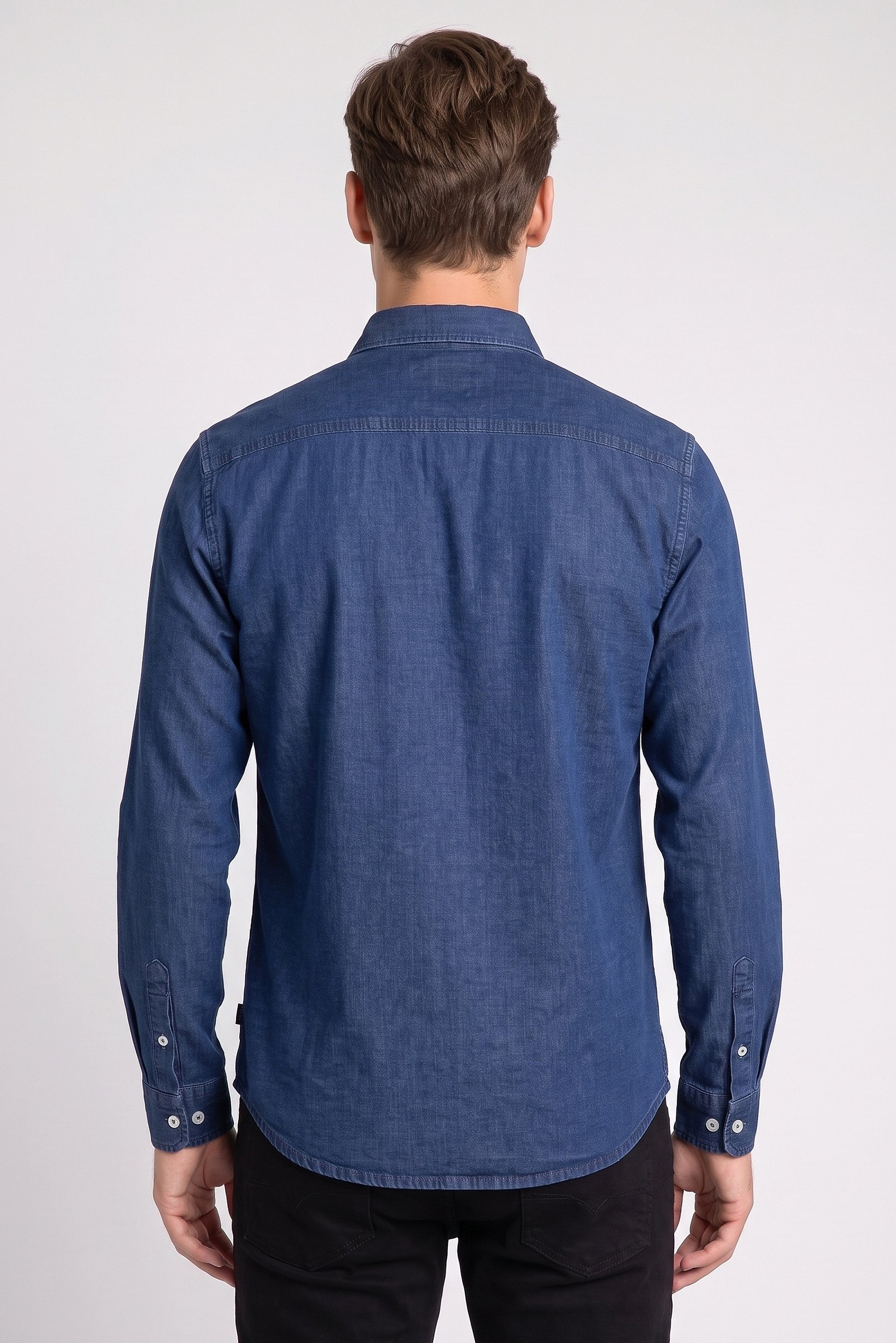 Men Regular Fit Washed Long Sleeve Denim Shirt, Navy