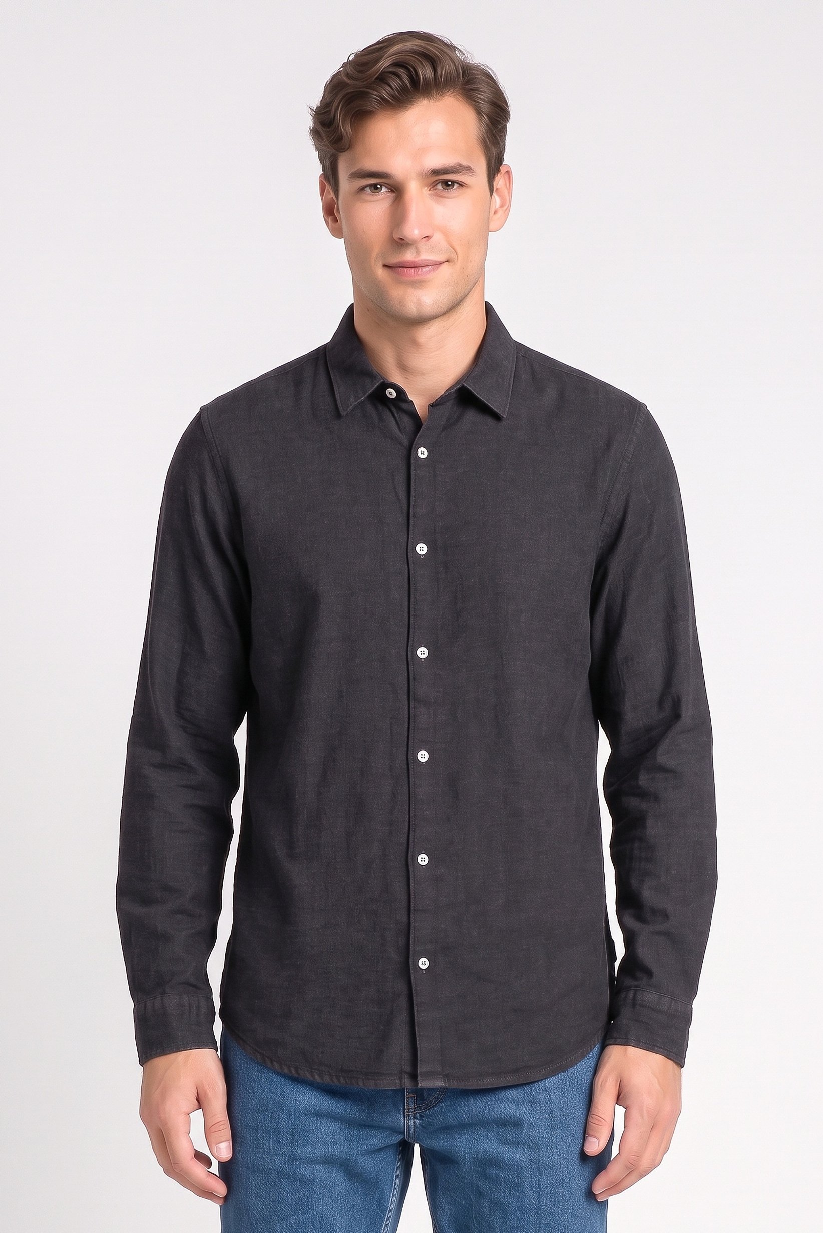 Men Regular Fit Washed Long Sleeve Denim Shirt, Black