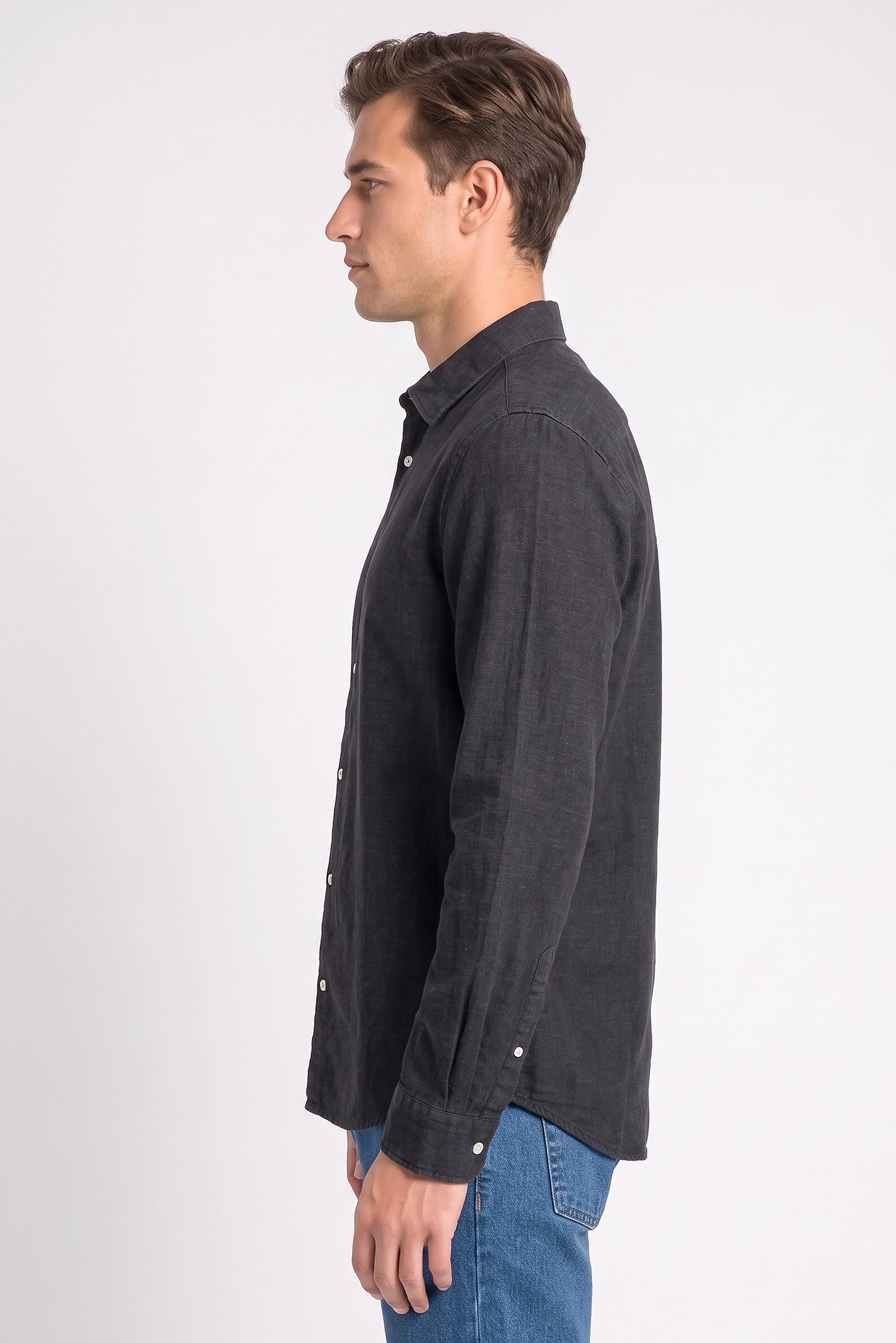 Men Regular Fit Washed Long Sleeve Denim Shirt, Black