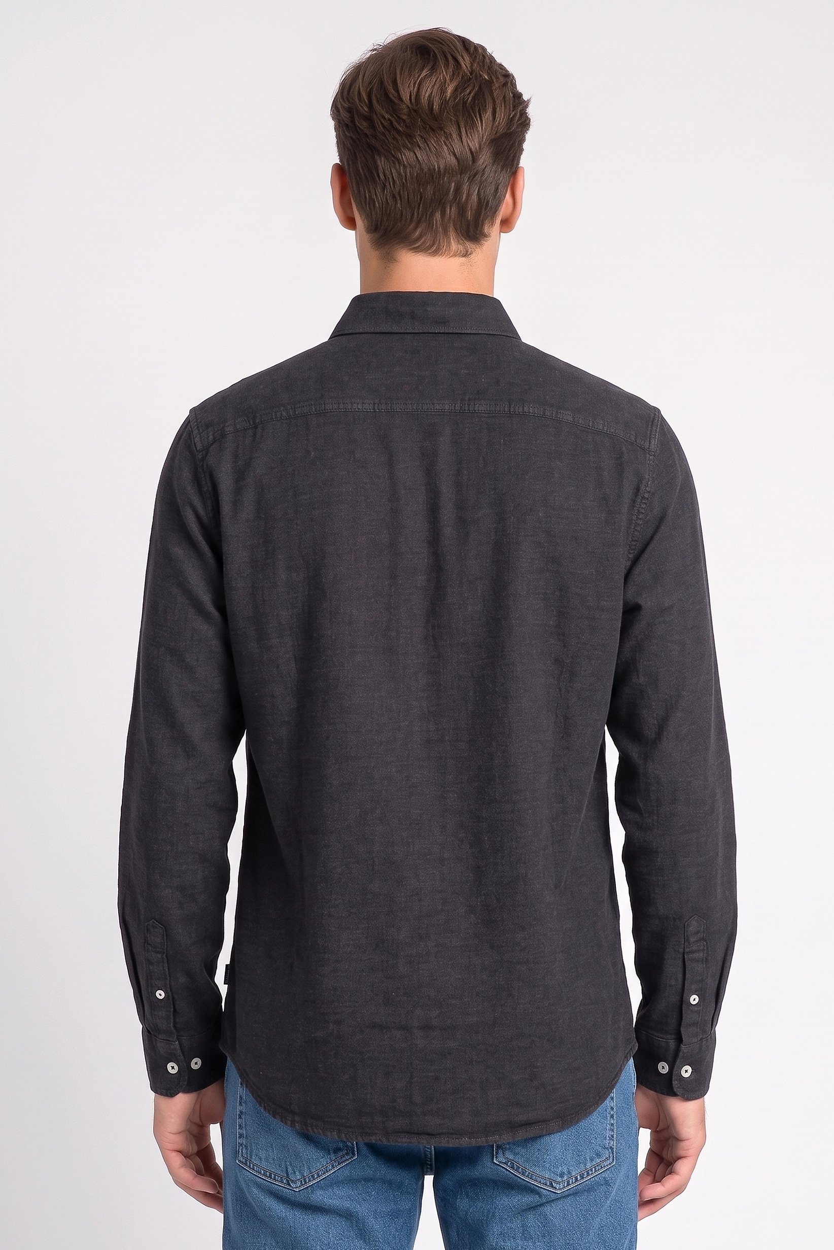 Men Regular Fit Washed Long Sleeve Denim Shirt, Black