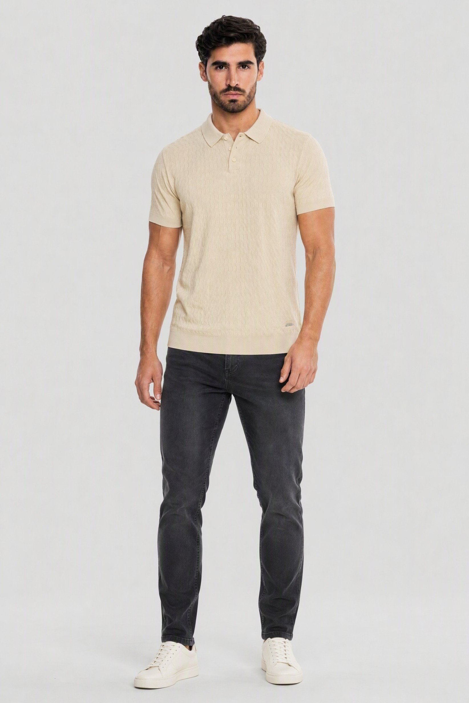 Men Regular Fit Textured Short Sleeve Polo, Biege
