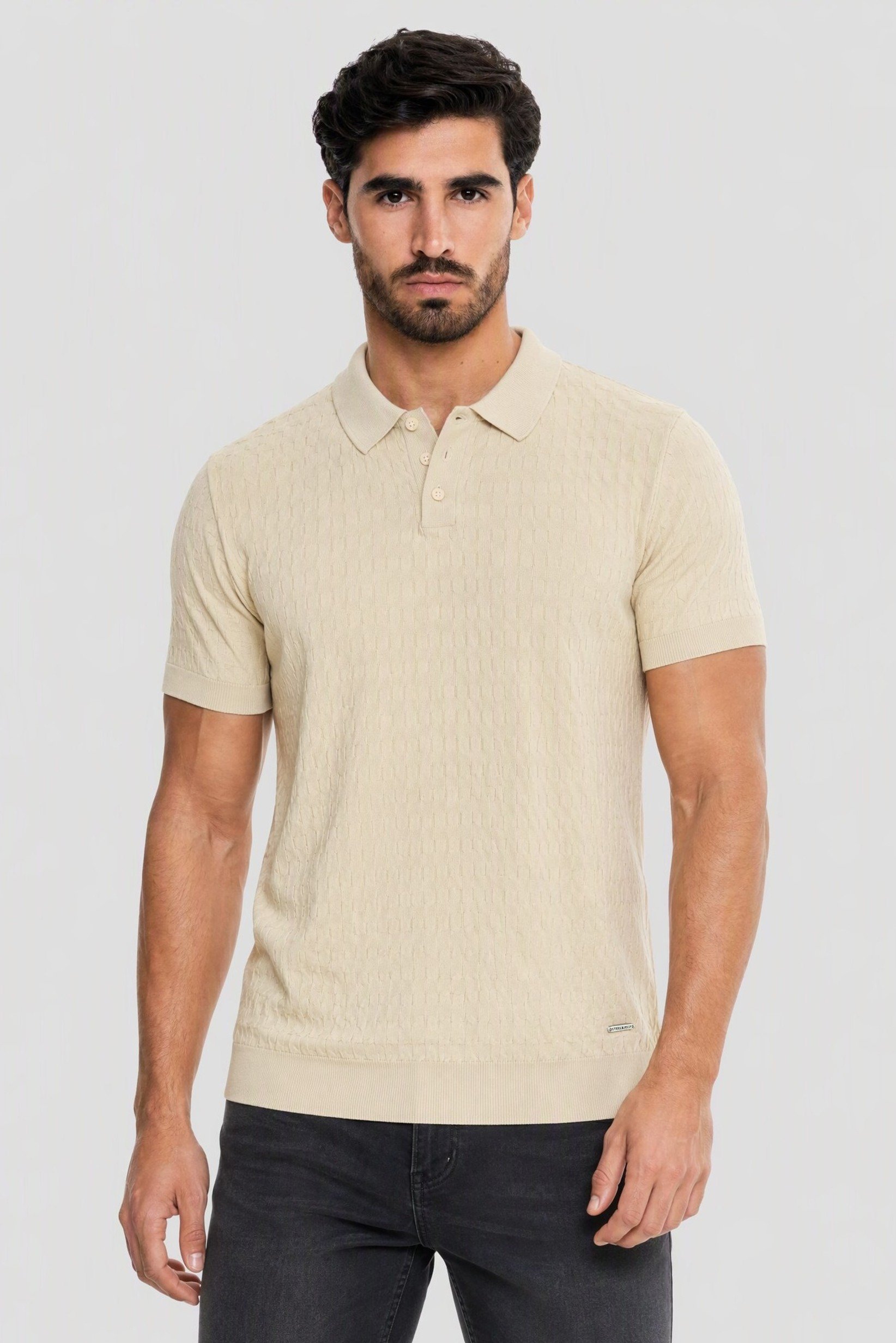 Men Regular Fit Textured Short Sleeve Polo, Biege