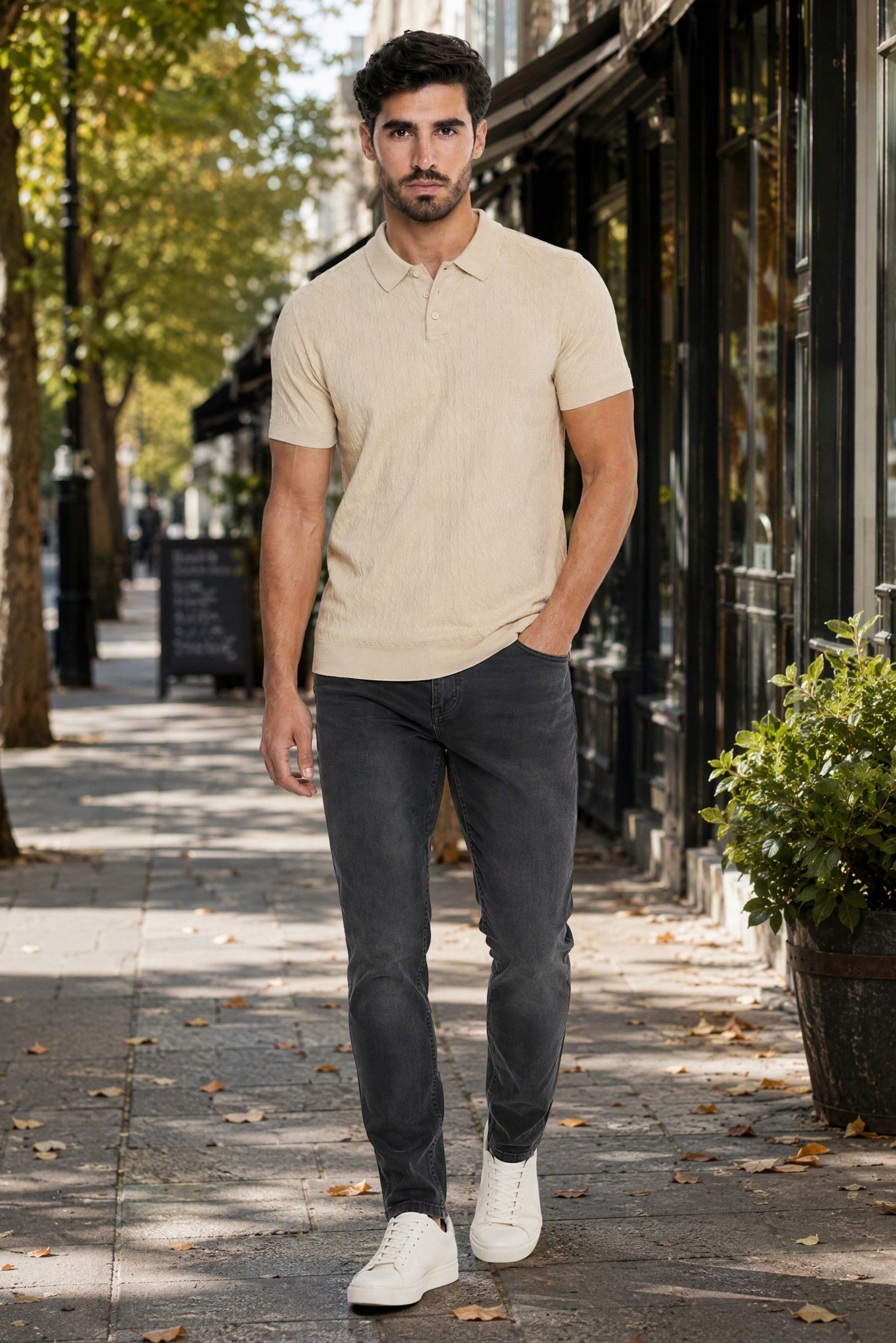Men Regular Fit Textured Short Sleeve Polo, Biege