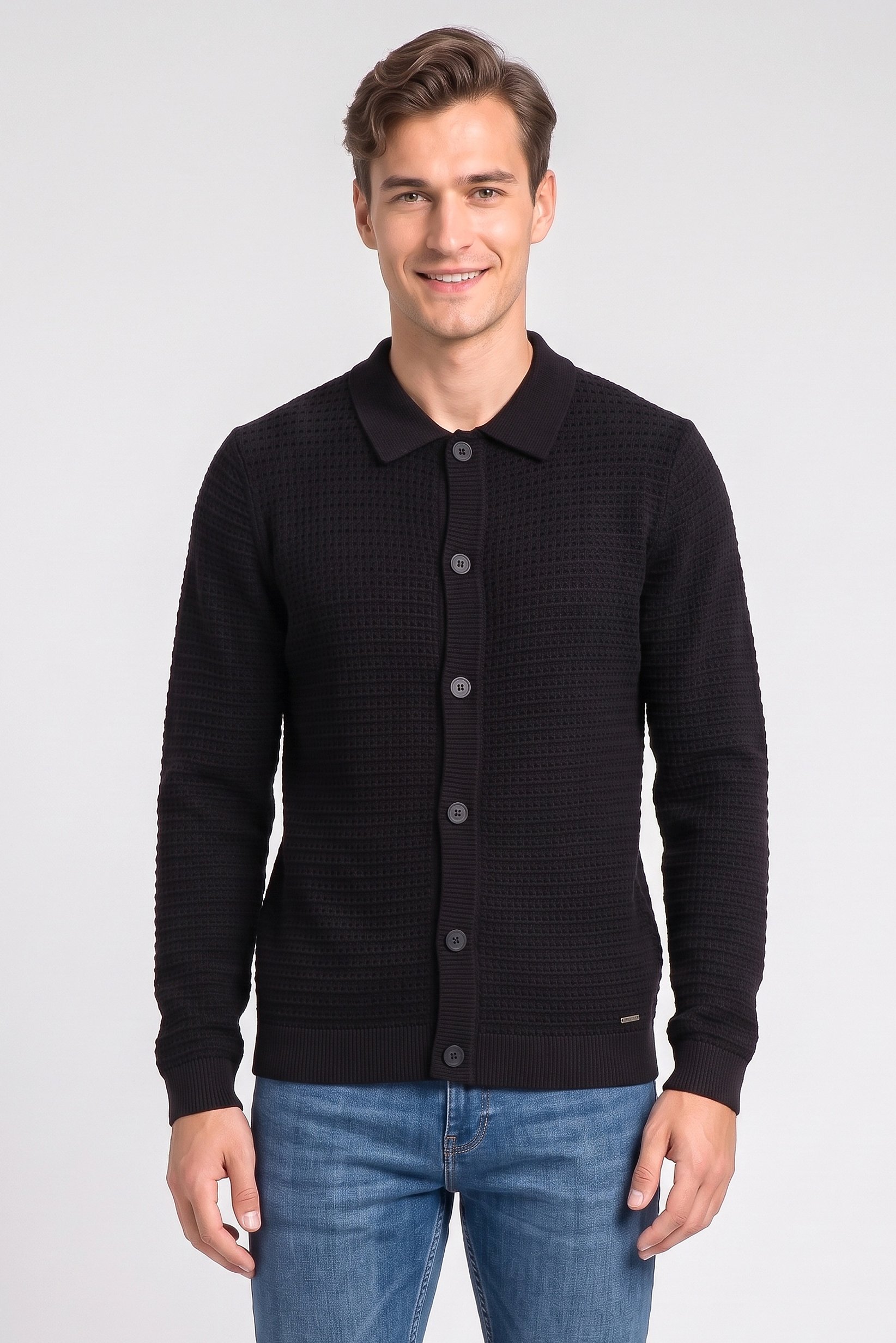 Men Regular Fit Textured Long Sleeve  Polo Shirt, Black