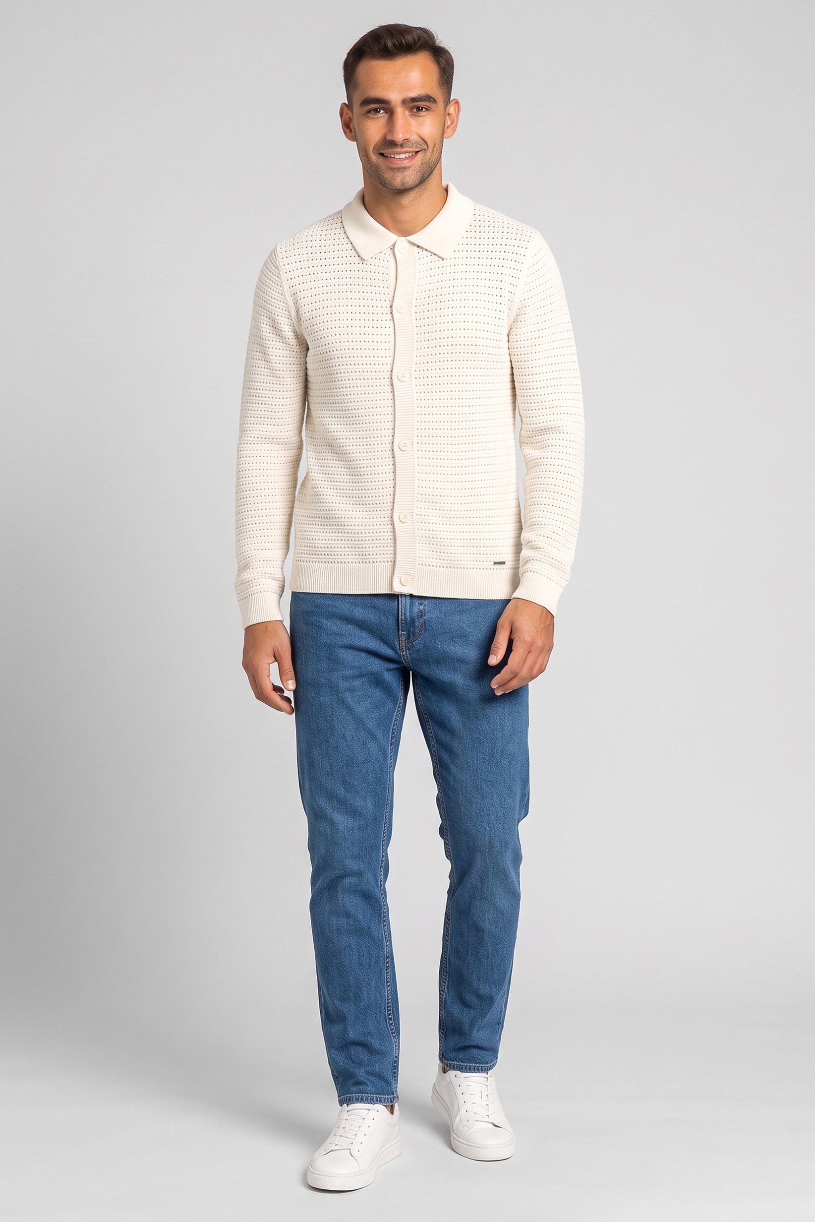 Men Regular Fit Textured Long Sleeve Cardigan, Ivory