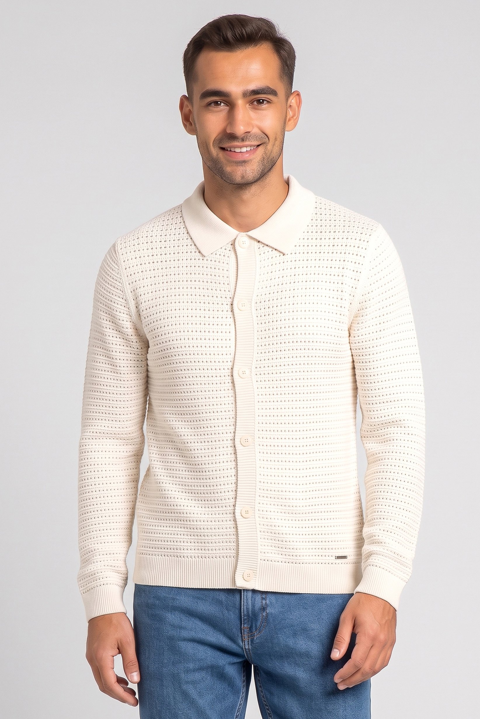 Men Regular Fit Textured Long Sleeve Cardigan, Ivory