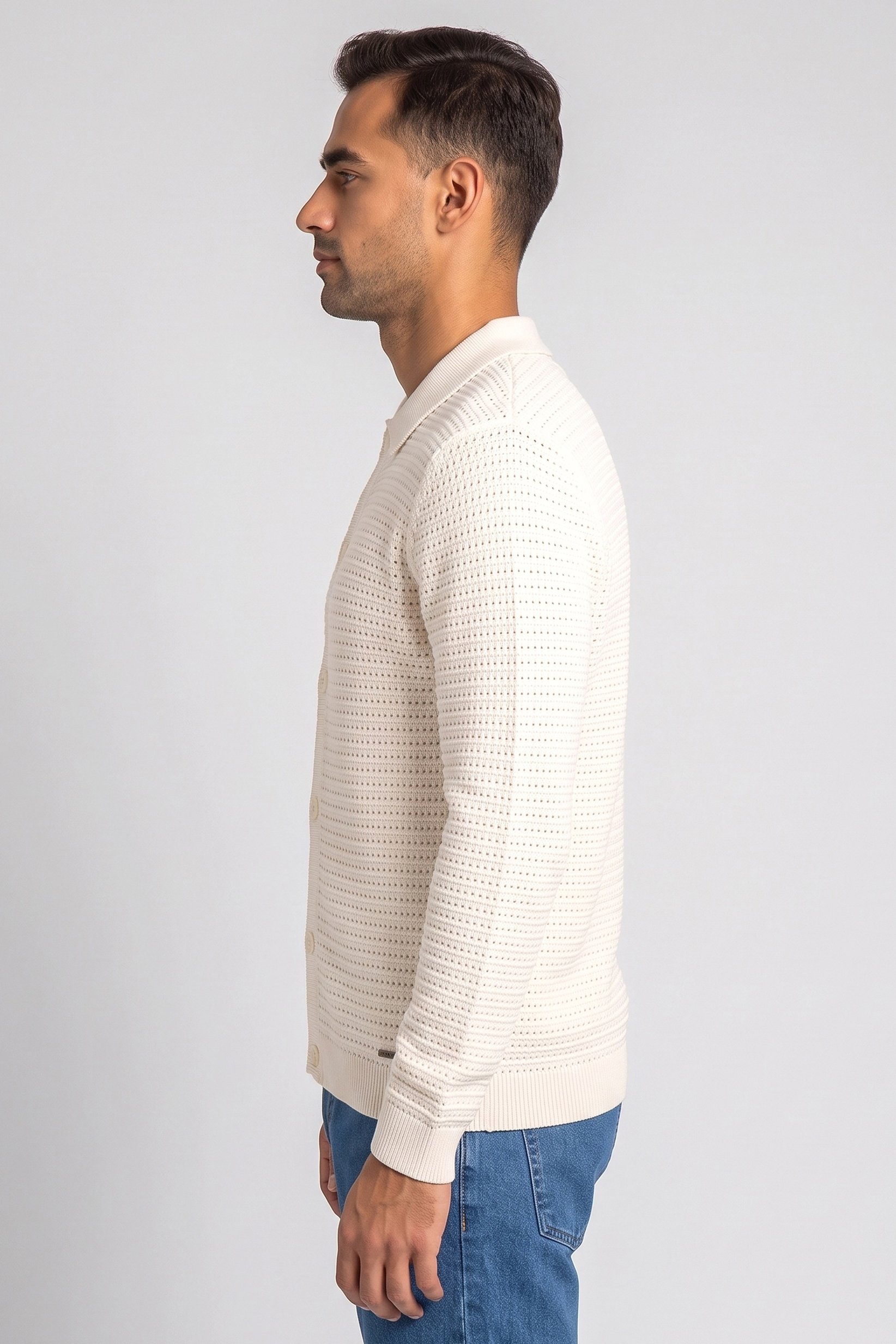 Men Regular Fit Textured Long Sleeve Cardigan, Ivory