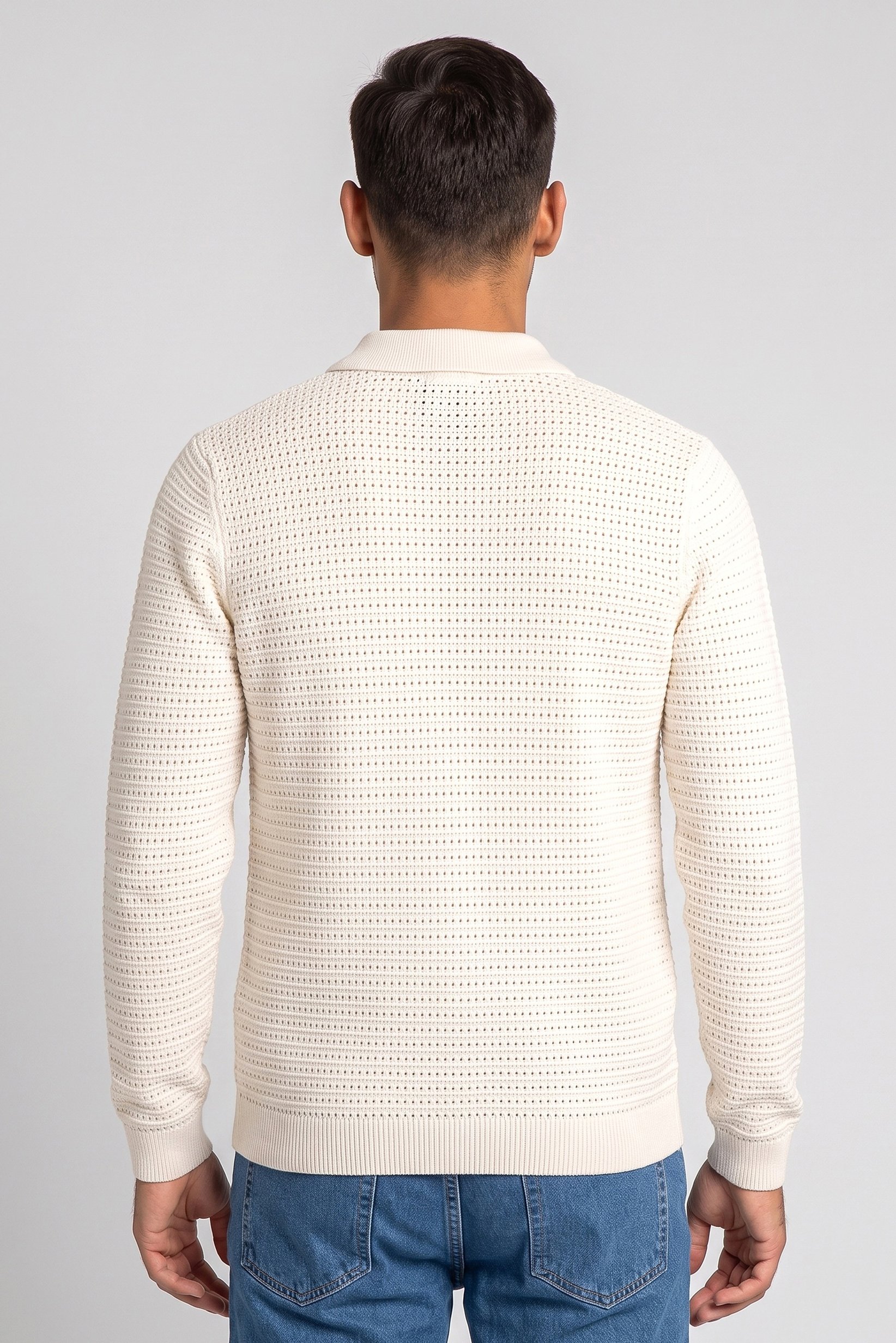 Men Regular Fit Textured Long Sleeve Cardigan, Ivory