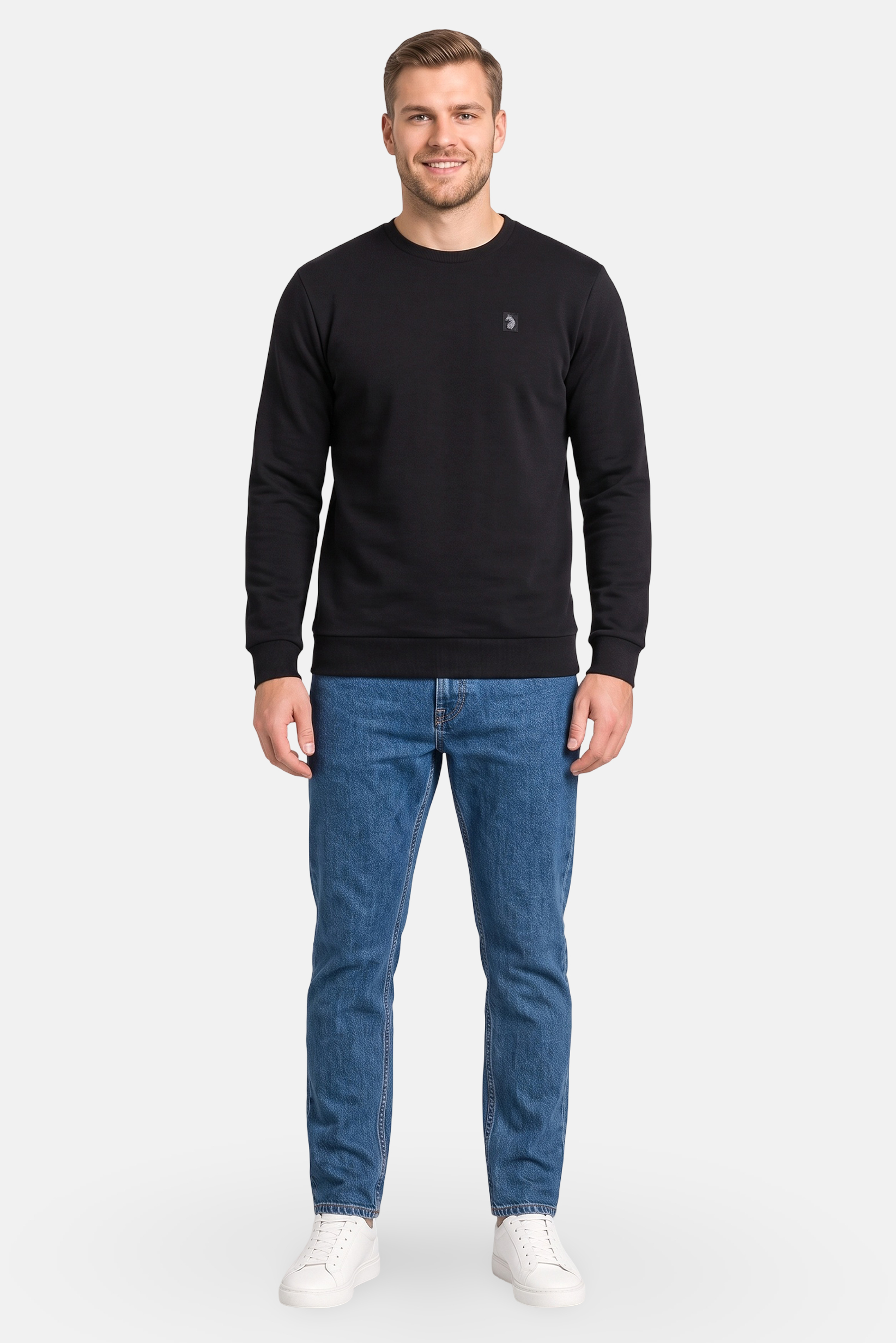 Men Crew Neck Embroidered Logo Long Sleeve Sweatshirt, Black